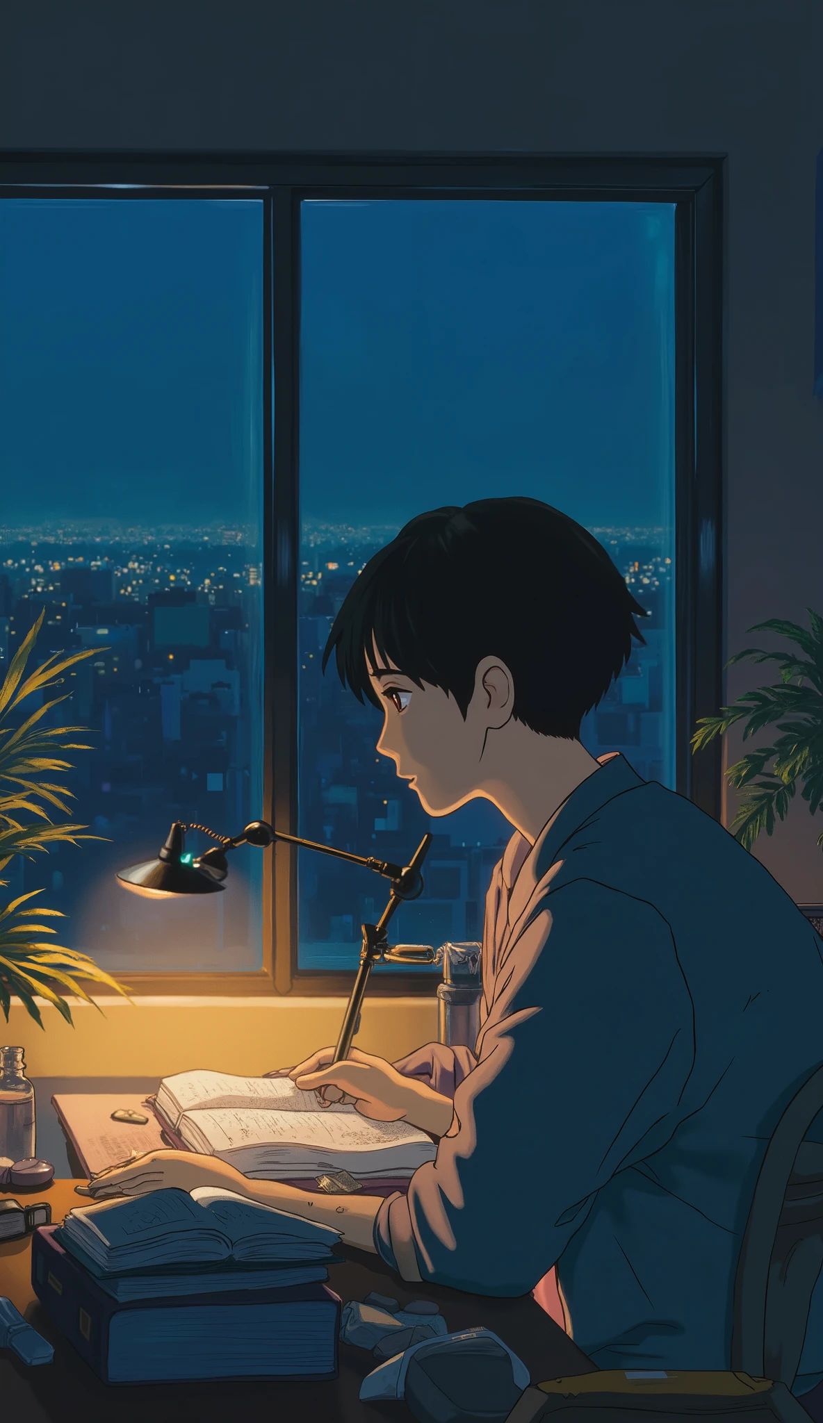 This image "A student studying at night ". .
학생은 헤드폰을 쓰고 book상에 앉아 열심히 공부하고 있습니다. book상 위에는 노트북, book, can be described as , The night view of the city can be seen from the window, and . The stand light is on , The stand light is on . 강아지는 book상 위에서 잠을 자고 있어 아늑한 분위기를 자아냅니다.
This image captures everyday images that many students can relate to. {x} Other than that, plants and various objects are placed in the room, making it feel comfortable and friendly. This image 많은 학생들이 공감할 수 있는 일상적인 모습을 담고 있습니다.