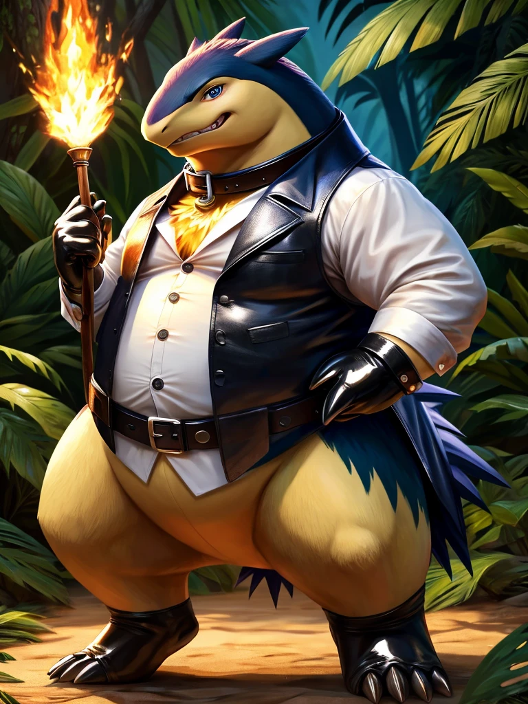 Solo, Male, fat, extremely obese, gentleman, dapper Professor Typhlosion, has a gloden belly-button piercing, blue eyes, (posing:1.3), (soft shading), 4k, hi res, ((detailed face, detailed)), looking at viewer, evil grin, jungle, forest, collared shirt with buttons, top hat, male focus, Explorer Outfit, glasses, monocle, bag, vest with buttons, backpack, sleeves rolled up, round eyewear, brown headwear, brown vest, Typhlosion is wearing a glossy leather dog collar around the neck, Typhlosion is wearing the leather collar and shirt and vest at the same time, Typhlosion is wearing glossy white rubber gloves on the hands, wearing white rubber gloves on the feet, Typhlosion is wearing glossy white cuffs around the wrists, gold cufflinks gloves are rubber in texture, clenching teeth, clenching fists, leather collar is glossy and shiny with a lot of detail, Typhlosion is wearing gloves and cuffs and cufflinks at the same time, leather collar has a round dog-tag, leather collar is thick and detailed.