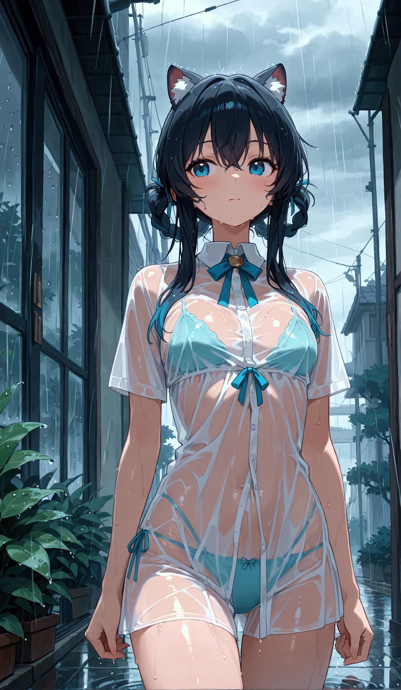 One Girl、My name is Mei、Gazing at the audience。 outside、野outsideコンサート、屋outsideコンサート、heavy rain、Soaking wet and see-through outfit、(outside、heavy rain、heavy rainでびしょ濡れの野outsideコンサート、The costume is see-through）、Beautiful Blue Eyes、Black Hair、Pink striped hair、bangs、Shoulder-length hair、Mole under the eye、Plump and glossy lips、Heart-shaped choker、Idol、smile、heavy rainでびしょ濡れになっている、野outsideステージ、ー、。。。。。。。。。。。。。。。。。。。。。。。。。。。。。。。。3D、Real、 dance team uniform, masterpiece、Highest quality、8k、Detailed skin texture、Detailed cloth texture、Beautifully detailed face、Intricate details、Very detailed、 Ultra-high resolution、8K Ultra HD、Film Grain、Best Shadow、delicate、Gazing at the audience、front
