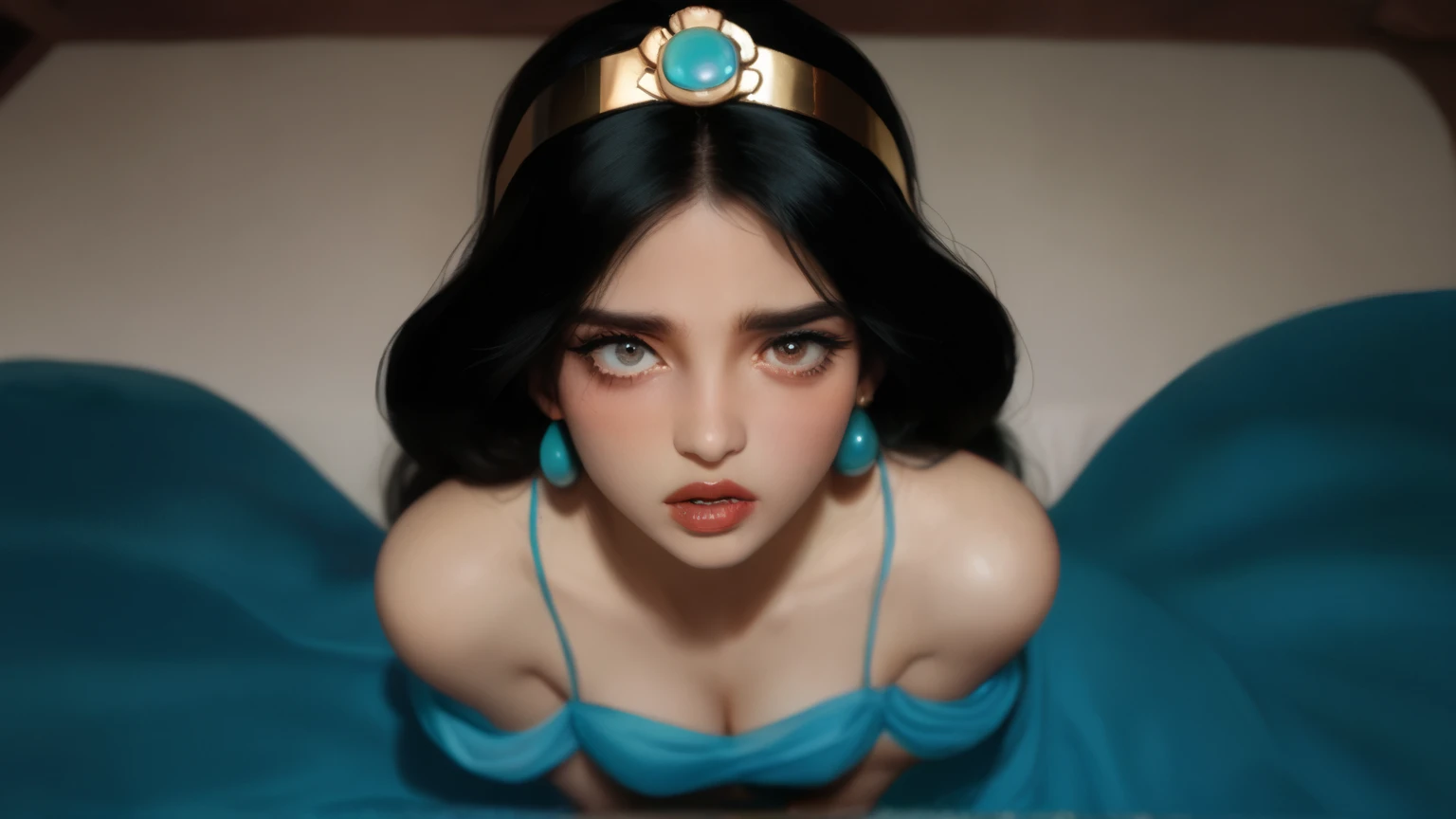 The image should depict Princess Jasmine and Genie from (Aladdin) engaged in a forced vaginal penetration scene. (Viennese Oyster Sex Position), Genie is blue revealed as a muscular entity with ponytail, his beard and mustache framing his menacing grin. Despite her resistance, he thrusts into her, his movements aggressive and domineering. Jasmine has long, dark, flowing hair, and her features are delicate with a warm, nurturing expression on her face. She wears an elegant, soft blue outfit with gold accents, and a subtle, royal headpiece rests on her hair. Jasmine's fair skin glows softly in the dim lighting, accentuating the horror of their encounter. She grits her teeth, tears streaming down her face, as she tries to endure the pain and degradation. Her long dark hair hangs limp over her shoulders, adding to the tragic atmosphere of the bed they lie upon is stained with sweat and blood, a testament to the brutality of their act. The overall ambiance of the image should be dark, disturbing, and violent, conveying the horror of their forced sexual encounter.(perfect face & eyes)