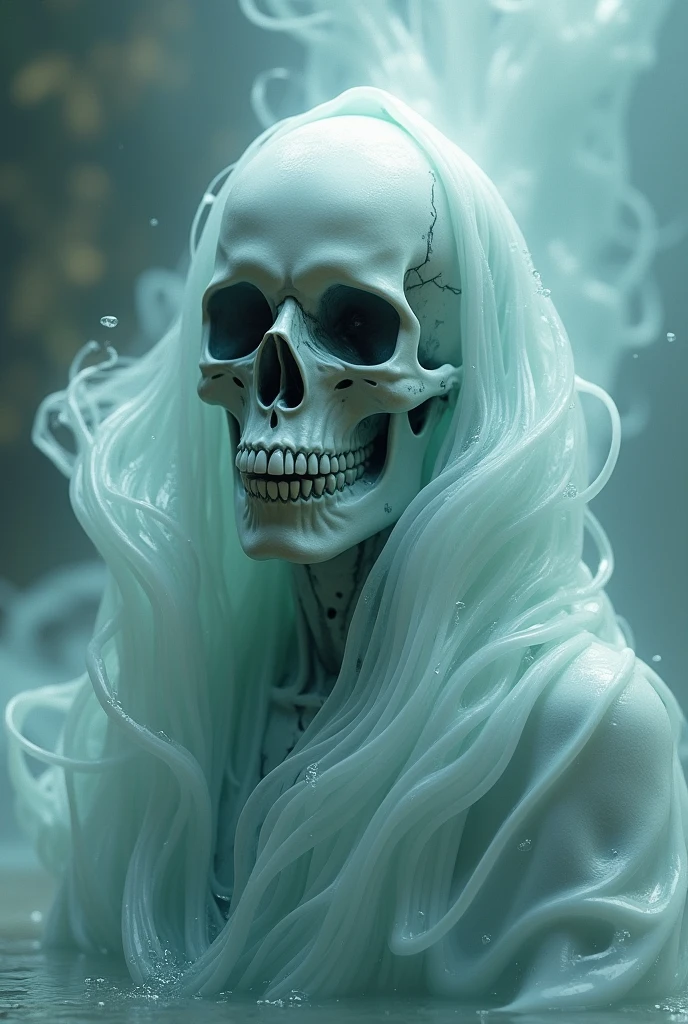 beautiful skeleton woman nude at the cemitery showing pussy, moon, bats, blue hair, happy face