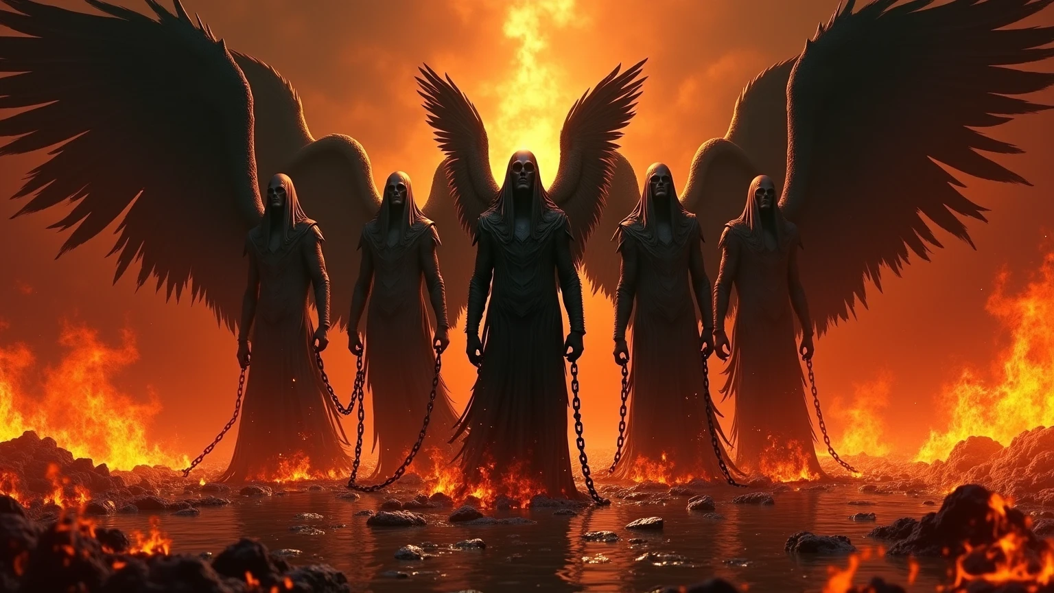 Give me an image that represents hatred, karo, dishonesty, irresponsibility and with 4 wounded angel warriors