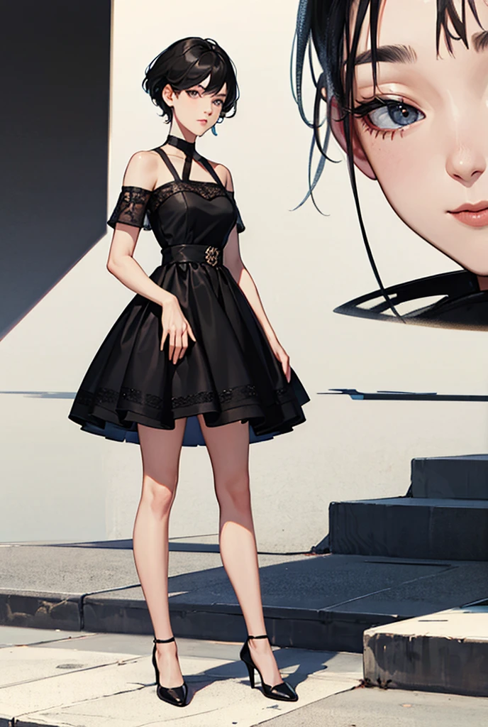 Short black dark princess dress, dark princess, beauty, highest quality, bandeau, real person