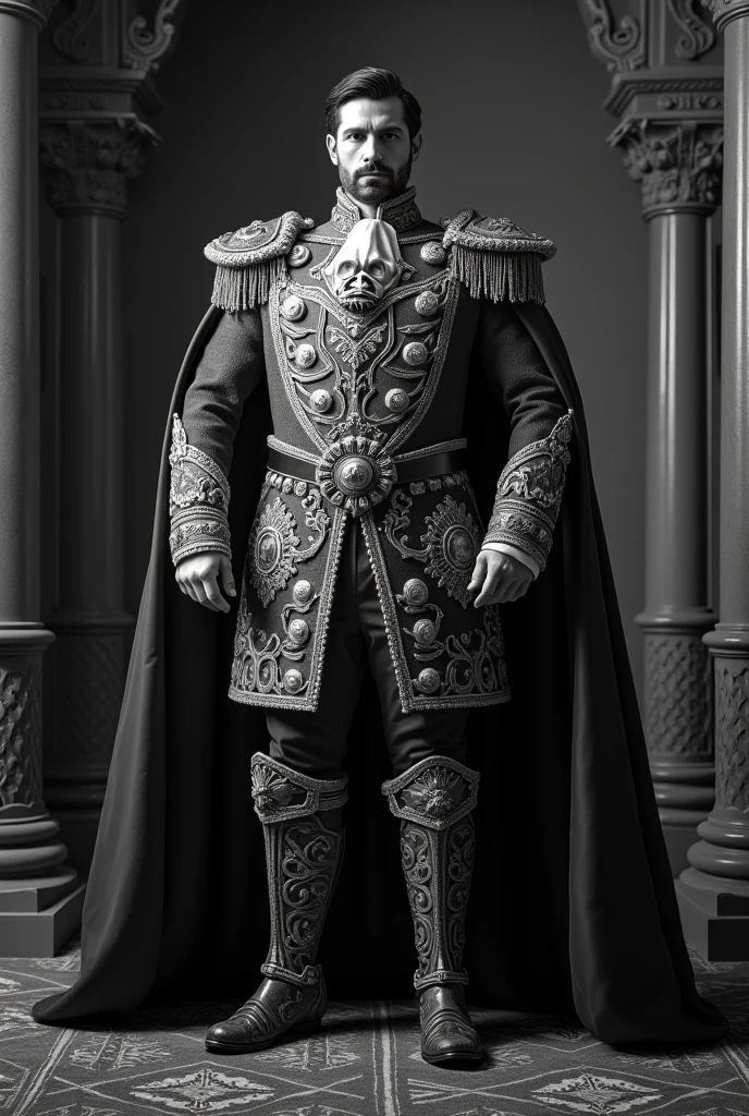 Create a detailed description of an ancient black marble sculpture discovered in the ruins of Azura. The sculpture is of a powerful ruler with the following characteristics:
- Approximately 2 meters tall
- Carved from a single block of rare, jet-black marble with a lustrous finish
- Upper torso adorned with intricate armor featuring flowing lines and geometric patterns
- Broad shoulders and a commanding posture
- Unusually elongated head with multiple eye-like indentations arranged in a circular pattern
- Holding a staff or scepter in one hand
- Base carved with symbols similar to those on the city's central obsidian monolith
The sculpture should exude an aura of authority and martial prowess, representing a formidable and enigmatic warrior-ruler of the ancient Azuran civilization.
