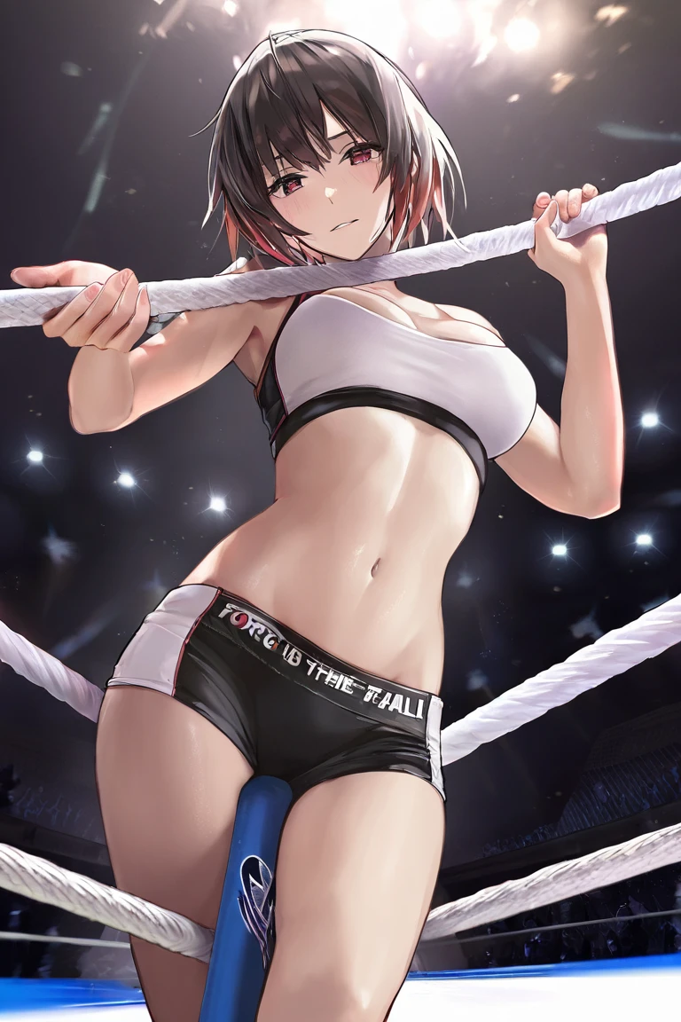 a japanese female fighter is beated down in the octagon fighting ring of underground arena with audience. She stares at the opponent. She has the will to fight. A bloodied and bruised female fighter sits with her legs spread. She is cornered against the cage of octagon and has a lot of punches from the male fighter. she has big pain. she is damaged terribry. Short-cut black hair, out of breath, drooling from mouth, exhausted, drenched in sweat. Erect nipples, open finger glove, Whittled waistline, muscular, six-pack abs, Ragged white and pink lined sports bra, high leg panty, Stockings. armwarmers.