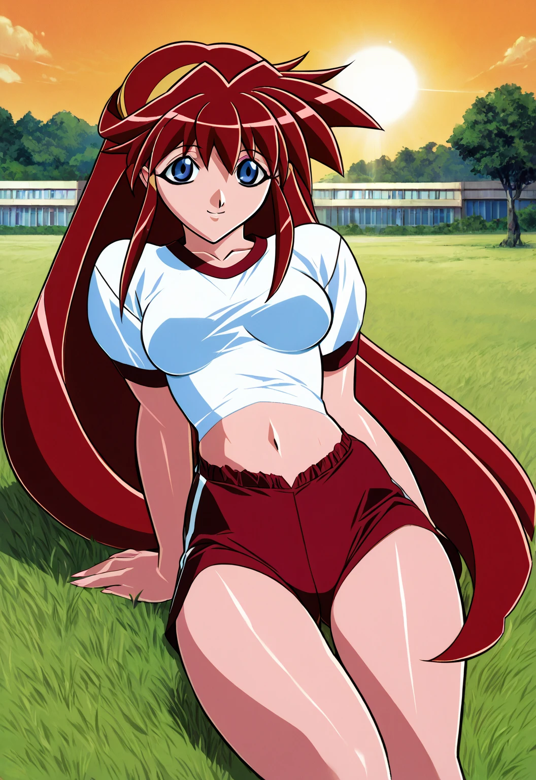 real photos、real photos、real image、Highest image quality、Meilin Hawk、Squatting、spread legs、show white panties,Anime girl with red hair and green and white dress standing in front of a blue sky, Erza Scarlet as a real person, saiyan girl, portrait zodiac girl, shinkai makoto, tsukasa dokite, kakyoin, official art, Makinami, anna, : 80s anime style, zodiac girl