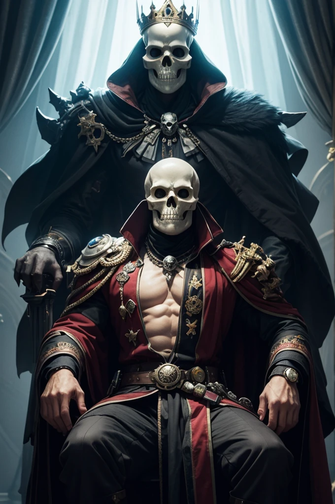 1Skeleton King holding a gun,King calendar,Two red-eyed, white-haired girls holding guns flanked the king.,scary,aggressive,cool
