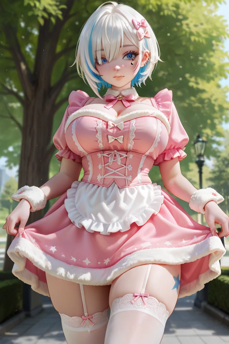 (1girl:1.5), (solo:1.5), ((a beautiful adult woman)), (European:1.4), (Anglo-Saxon features:1.3), (((happy smile, bright cheerful eyes))), ((pink hair, blue eyes, detailed blue iris)), (pink and white feminine frilly dress:1.4), (((exterior of an elaborate fantasy cottage mansion, fantasy setting, rural countryside))), (((large breasts, cleavage))), (underboob:1.5), masterpiece, work of art