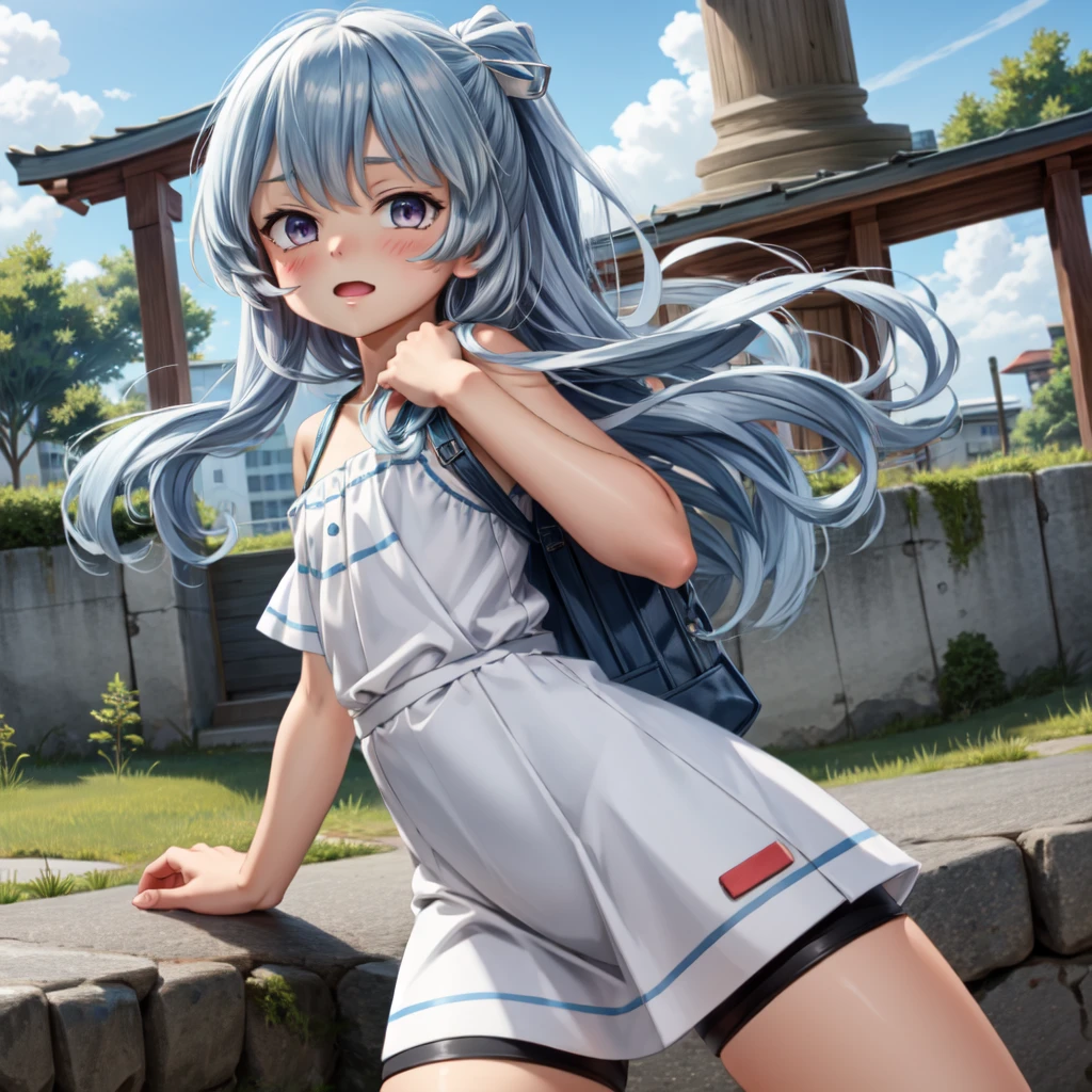 Plain white with emphasis on the chestＴshirt、Ultramarine and white striped mini skirt、Crouching and spreading her legs to show her underwear、When she squats down and lifts her skirt, her cute white frilly underwear is visible..、barefoot、library、Three girls of different heights Magical girl with a magic wand