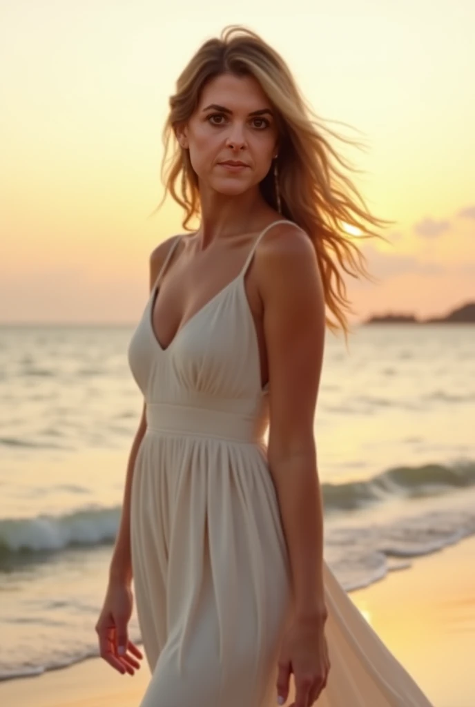 a beautiful woman on the beach, long hair, flowing dress, walking along the shoreline, golden hour lighting, serene ocean in the background, detailed facial features, delicate hands and fingers, intricate pattern on dress, soft sand underfoot, gentle waves lapping at the shore, (best quality,4k,8k,highres,masterpiece:1.2),ultra-detailed,(realistic,photorealistic,photo-realistic:1.37),cinematic lighting,natural colors,environmental portrait