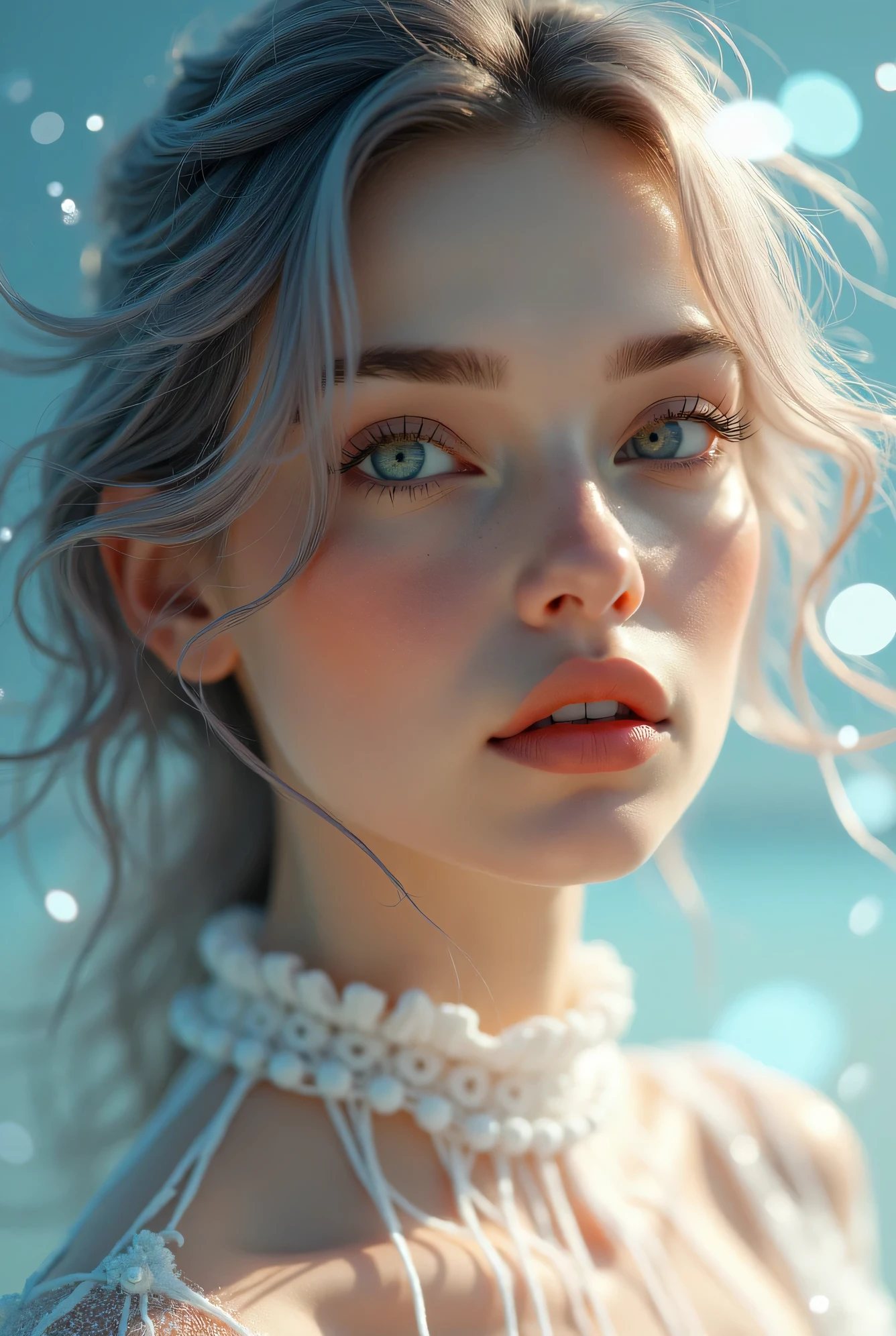 closeup (photo) of  a variety of debutante|bridal|goth, (Veronica Lake)|(Elle Fanning:.5)|(Marilyn Monroe) woman of (different varied poses), long hair, light freckles and pale shimmery skin, (glowing blue eyes),stood on Brighton beach,  (shallow depth of field), photorealistic digital art trending on Artstation by Aphonse Mucha, 8k HD high definition detailed realistic,