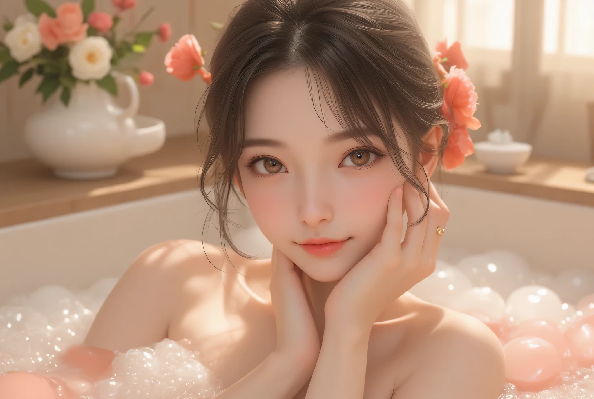 masterpiece、Taking a bath、 8K portrait rendering, realistic 3d animation, hyper realistic anime, Realistic anime 3d style, photorealistic anime, photorealistic anime girl render, stunning anime face portraits, 8K high definition face, soft portrait shot 8k, trending on cgstation, cute realistic portrait