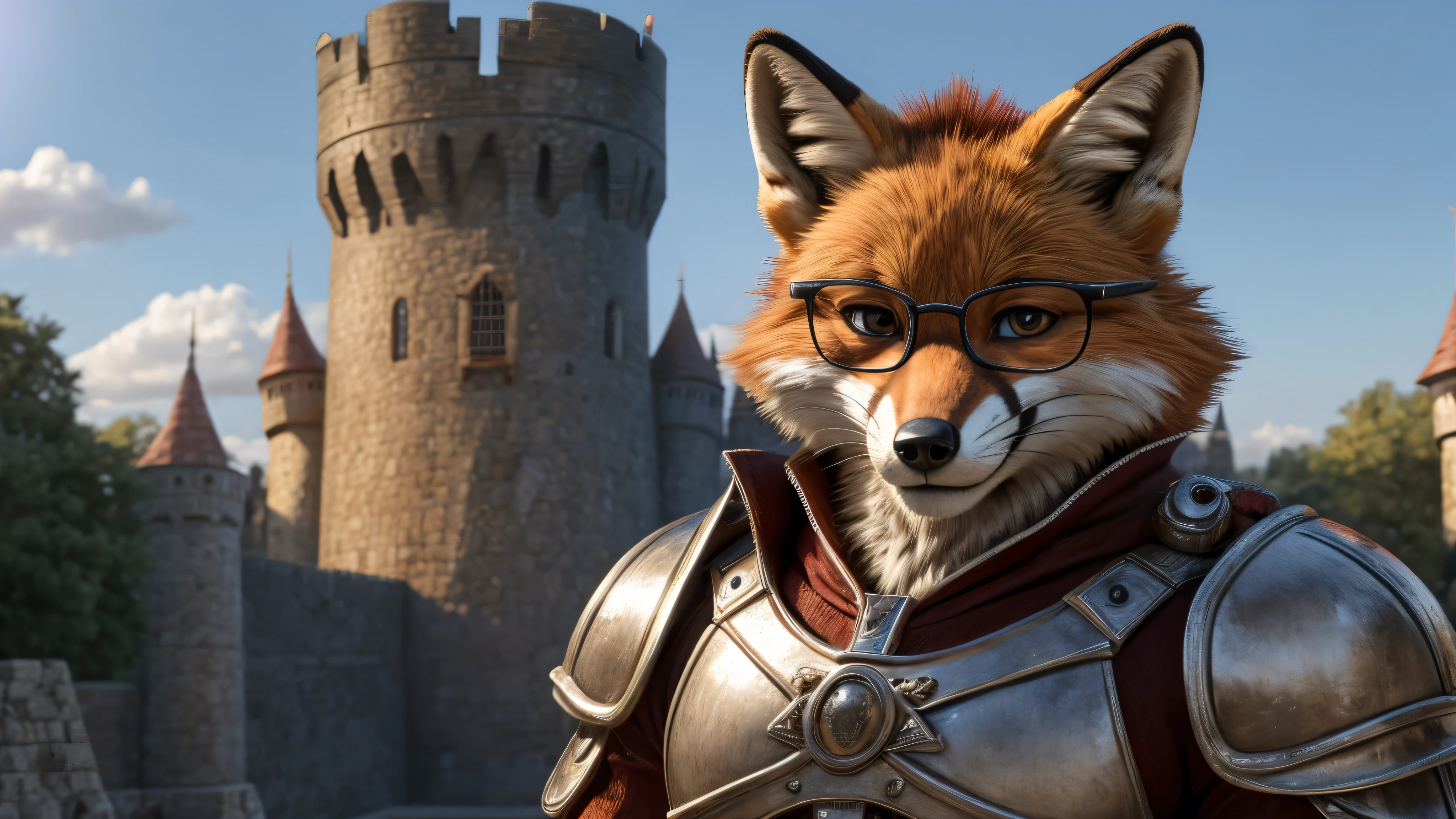 30 years old, Adult Anthropomorphic Fox King, half body, wearing glasses,soft smile, wearing metal chestplate, on a castle background