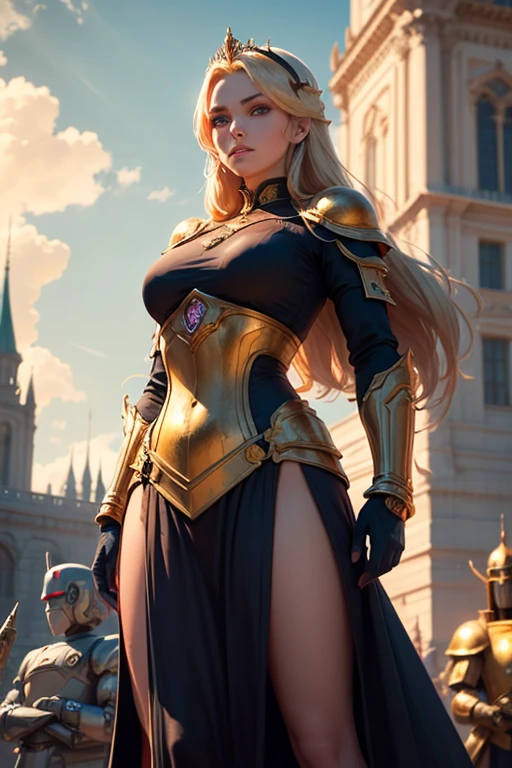 masterpiece, best quality, (photorealistic), 20 year old   beautiful woman,  perfect face, blond hair, short_hair, , light makeup, standing,,medium_breasts, , corset, gold_chains, armor, cloak, princess, fantasy, castle, balcony, high_up, landscape, moutains, countryside, smile, sunset