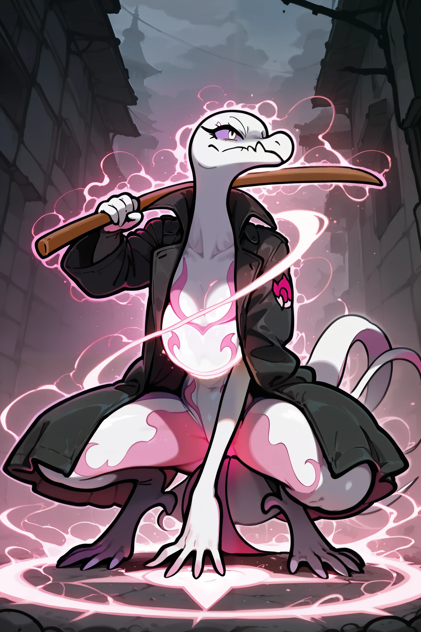 Pokemon, White Salazzle, bokken, long open coat, magic, squat down, bokken over her shoulder, sfw, no hair,