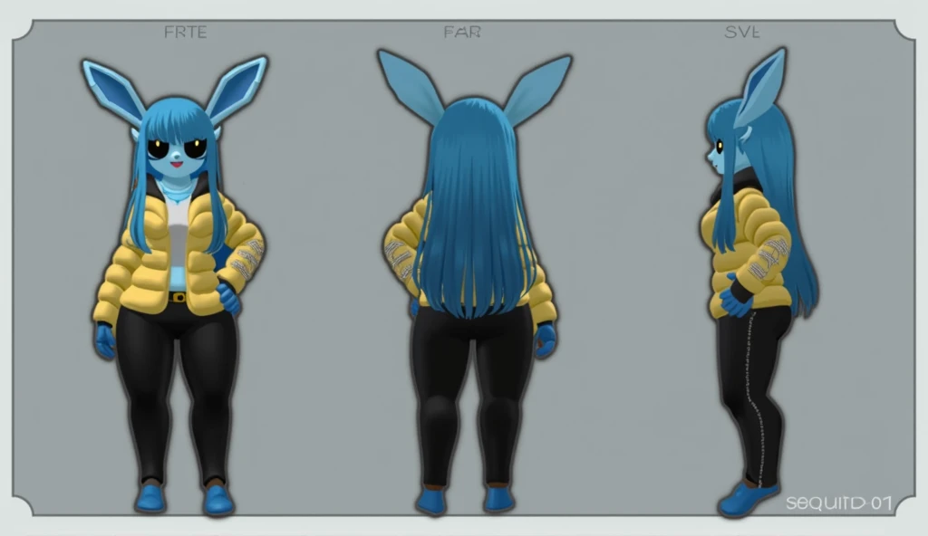 A girl with a young and delicate face, with big blue eyes full of curiosity and energy. Fair skin with a warm smile on her lips.
Long, straight hair with a vibrant orange-red tone and loose
Body with a slender and well-proportioned figure. Light and soft skin
Dressed in blue erotic bunny suit and with fairy wings
(((character sheet))) ((various views)) ((front and back) (Face detail) (full body)