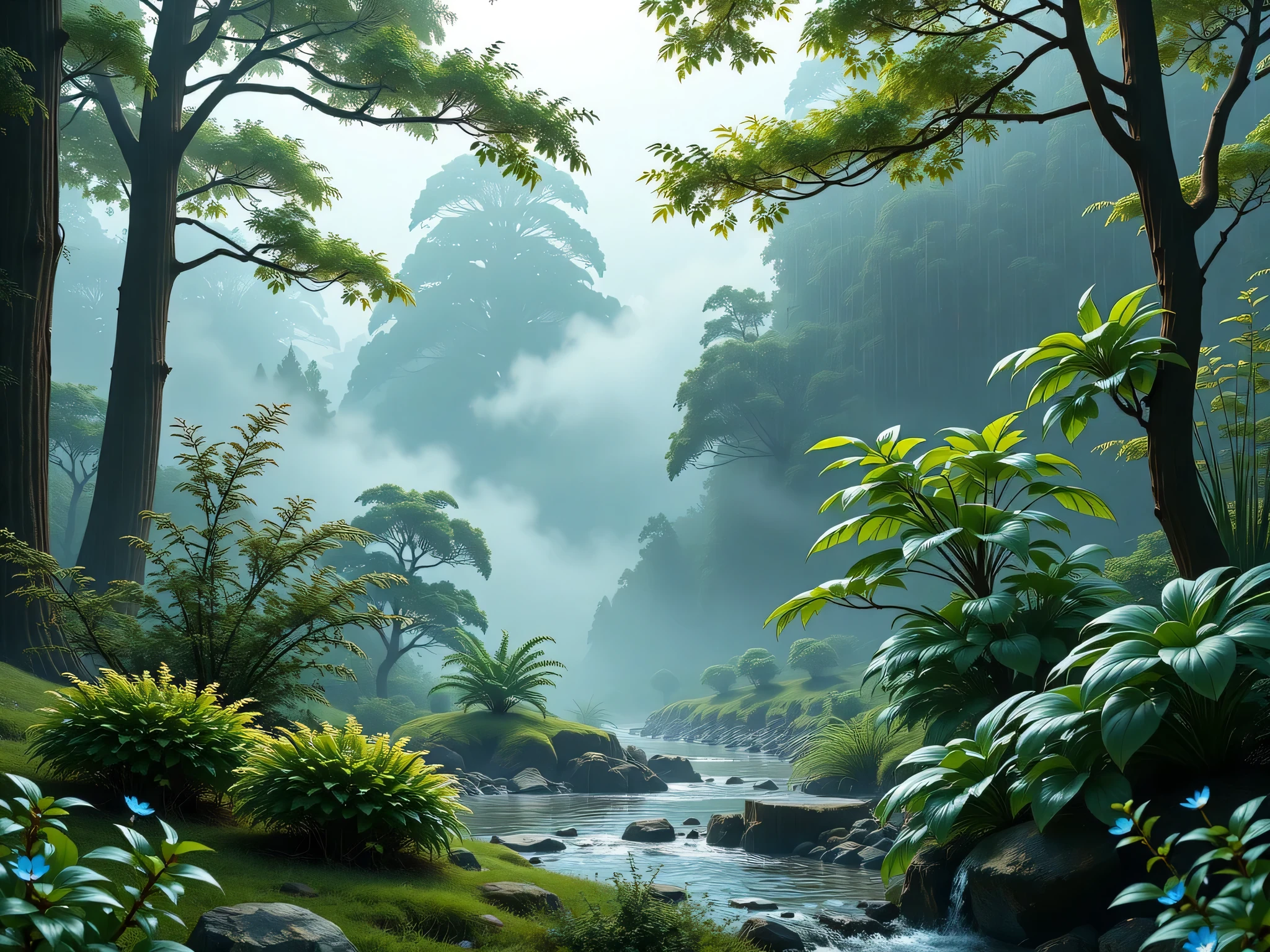 nature banner for youtube channel, unreal, 3d engine, 32k, relax logo for a channel,rainy theme,4k hyper quality