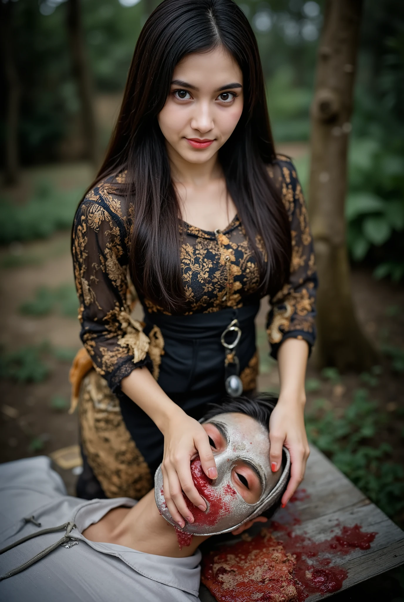 Woman kill male, Woman cut throat male, Woman knife, Woman kebaya bali Indonesia, blood flowed freely down Male neck, black hair, male neck spurted out a lot of blood, male full face mask, a male, male hoodie, handsome male, Woman Slaughter male