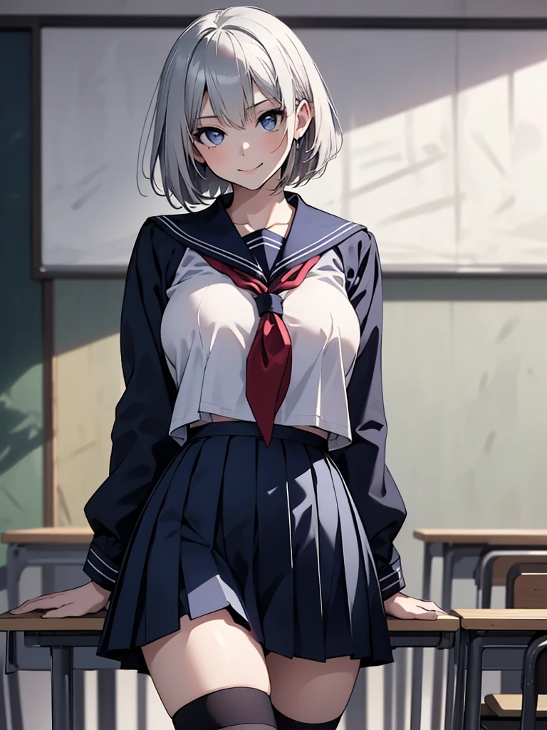 Big Breasts nude Gray Hair School Uniform blue eyes highest quality Blushing classroom Skirt flip