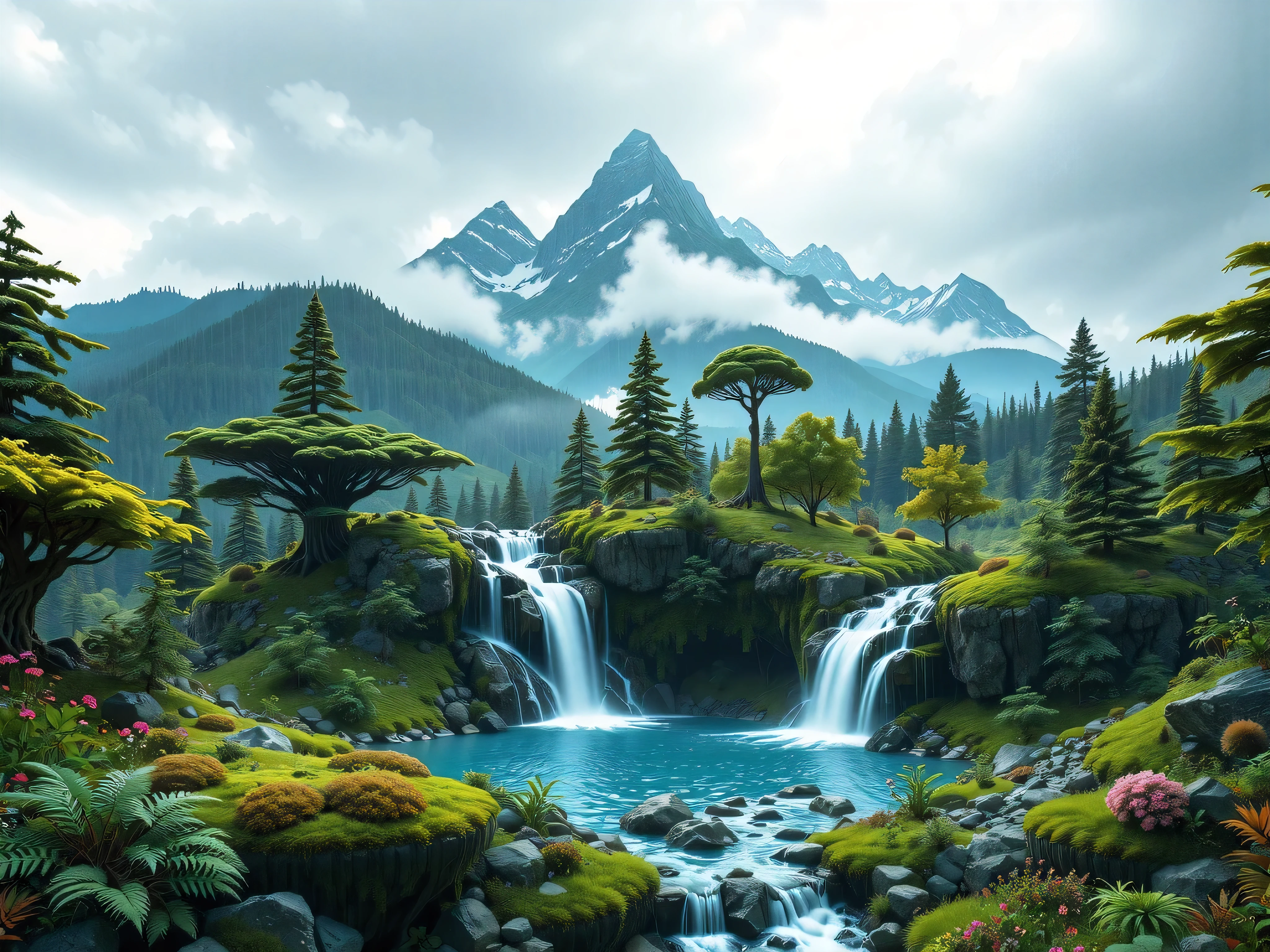 mountain waterfalls nature, Miniature for youtube video, unreal, 3d engine, 32k, relax logo for a channel,rainy theme,4k hyper quality