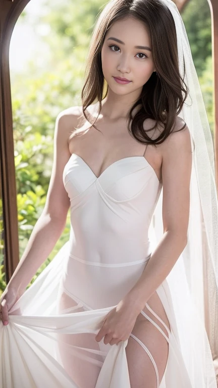 tall white brunette, very beautiful, petite and athletic, busty, wavy black hair, angular cheekbones, slightly upturned nose, freckles, realistic lighting, sharp edge lighting, serious expression, wearing white dress with stockings, portrait photograph