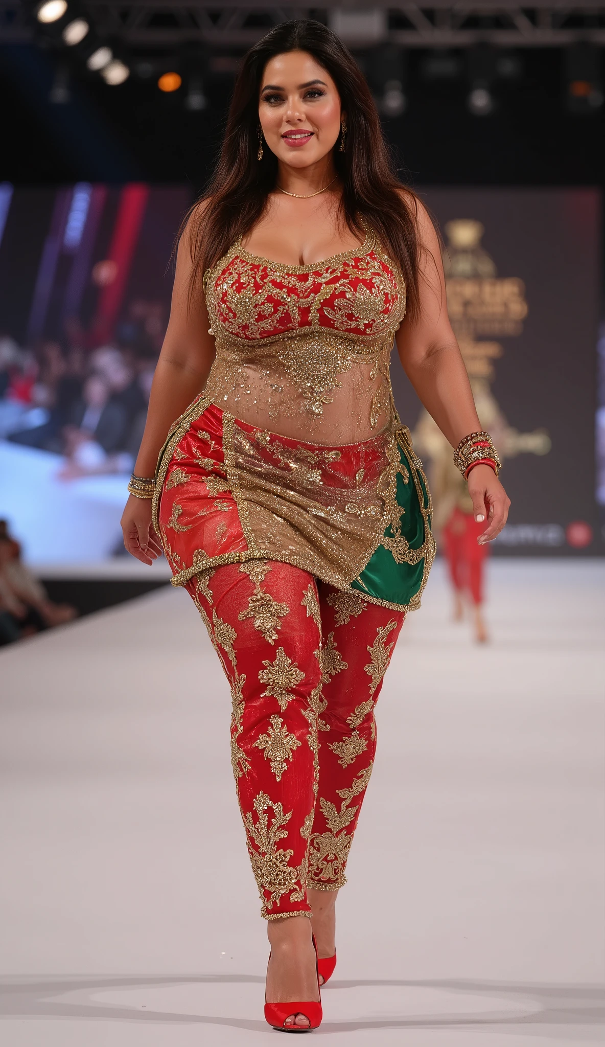 Indian model performing a ramp walk at a fashion show. face with detailed, closeup. A stylish chubby actress Zareen Khan sleaveless indian woman with extra large boobs and tall, at a fashion show. , sexy, ((Pause_random))、masterpiece, high quality, high quality, High resolution, (full body portrait)、View from front、seductive smile, , best quality, (((masterpiece))), high quality, realist, best detailed, details, realist skin, skin detailed, underboobs, beautiful posing under a fairy tale of exotic magic,lehenga choli,. She wears plus size tall and big giant indian muslim women, looking like indian actress hansika motwani, wearing a gold and green boarded sleeveless transparent kurti and shining reflective glossy silver ankle length leggings and red hijab,white-skin,white skin tone, beautiful face, red lips, clean skin, celebrity face, thick leggs, round ass,bulging ass,huge breast, , Armlet, bangles,red sindur on head,women standing looking the viewer,both women have huge bulging hips,smiling happy face,red and gold stileto heels,looking straight to camera, realistic photo, looking straight to camera,full body image,wide angle shot in camera