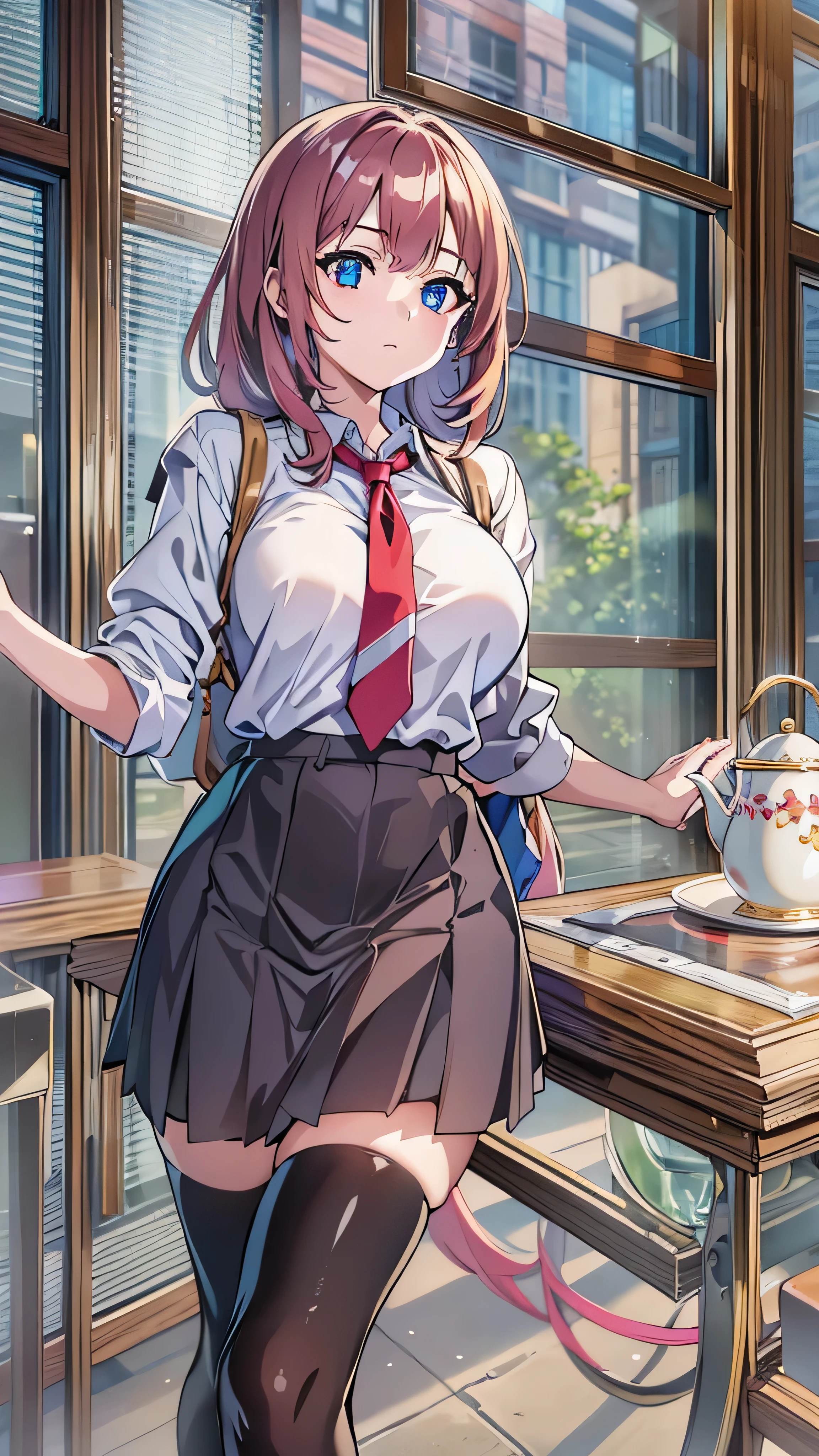  High Resolution ,   disorganized ,Reimiyamoto,  school uniform, Closed Her Mouth ,huge breasts,  viewers watching , standing,((Masterpiece)),(( best quality )), Complete anatomy, 8K Ultra HD , very detailed face,Shine and Shine ,(( 1 girl)),((Alone)),(Beautiful and fine eyes:1.5), perfect picture,( upper body:1.1),( Looking Ahead :1.1), with your arms behind your back, Slim Waist , shiny hair, outdoor, tea hair,