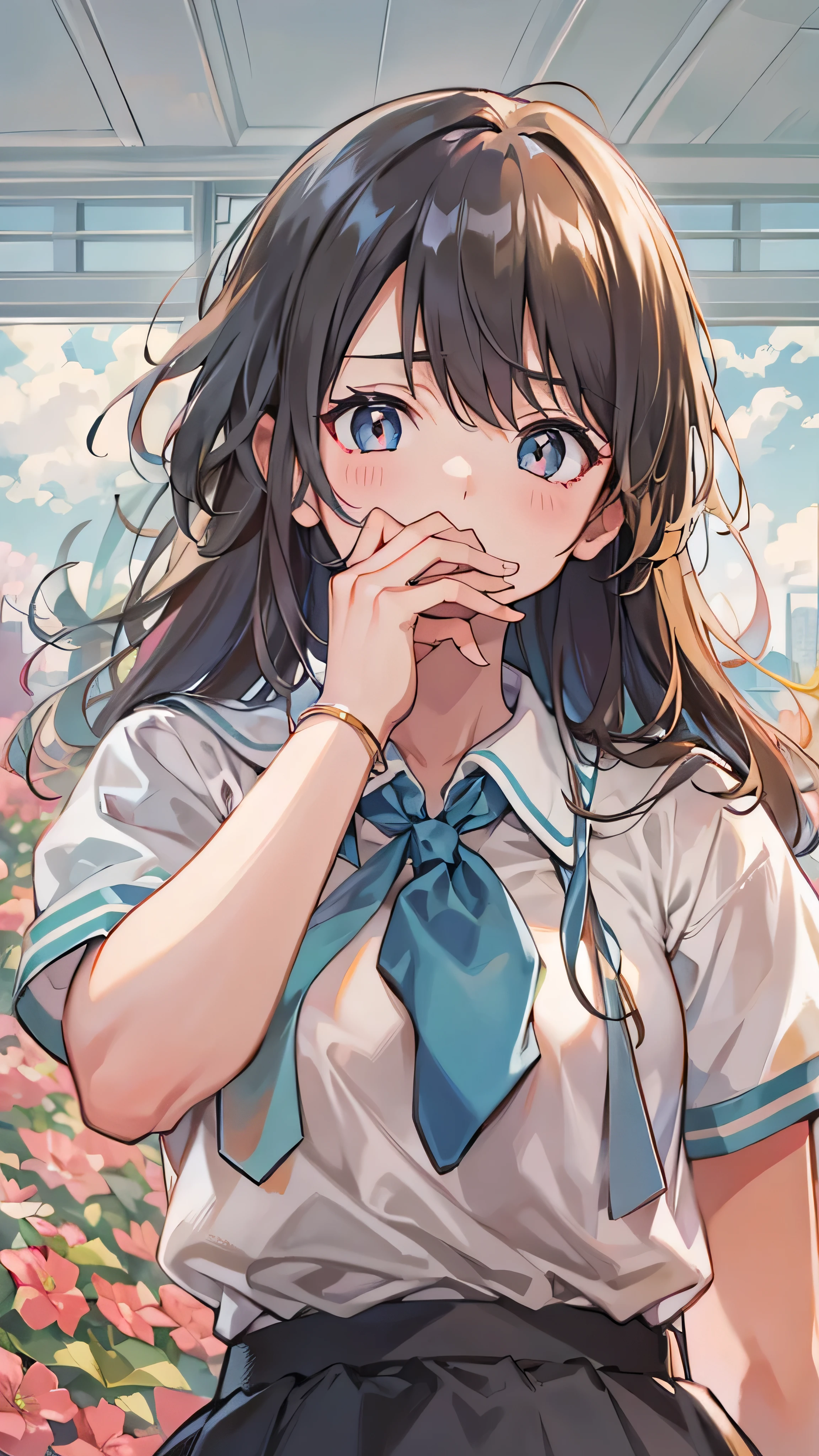 High Resolution , disorganized ,Reimiyamoto, school uniform, Closed Her Mouth ,huge breasts, viewers watching , standing,((Masterpiece)),(( best quality )), Complete anatomy, 8K Ultra HD , very detailed face,Shine and Shine ,(( 1 girl)),((Alone)),(Beautiful and fine eyes:1.5), perfect picture,( upper body:1.1),( Looking Ahead :1.1), with your arms behind your back, Slim Waist , shiny hair, outdoor, tea hair,