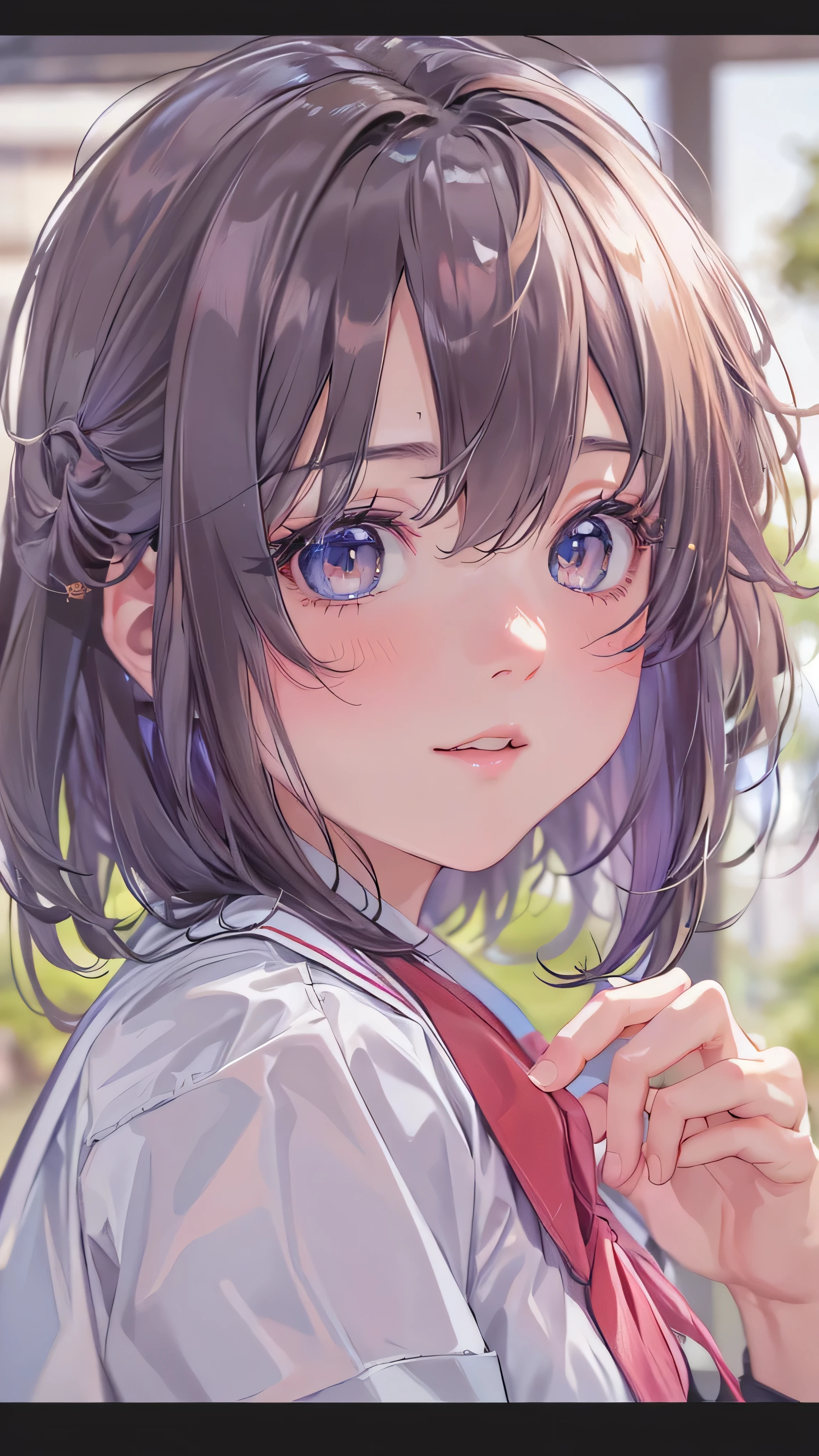 High Resolution , disorganized ,Reimiyamoto, school uniform, Closed Her Mouth ,huge breasts, viewers watching , standing,((Masterpiece)),(( best quality )), Complete anatomy, 8K Ultra HD , very detailed face,Shine and Shine ,(( 1 girl)),((Alone)),(Beautiful and fine eyes:1.5), perfect picture,( upper body:1.1),( Looking Ahead :1.1), with your arms behind your back, Slim Waist , shiny hair, outdoor, tea hair,