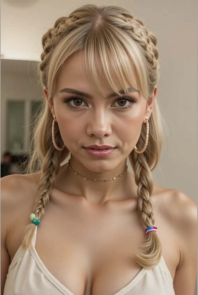 pixel-art, low-res, blocky, pixel art style, 8-bit graphics <lora:HalstonSage_v1.0:1> HalstonSage big smile, focus on eyes, close up on face, laughing, wearing jewelry, hair styled herringbone braid