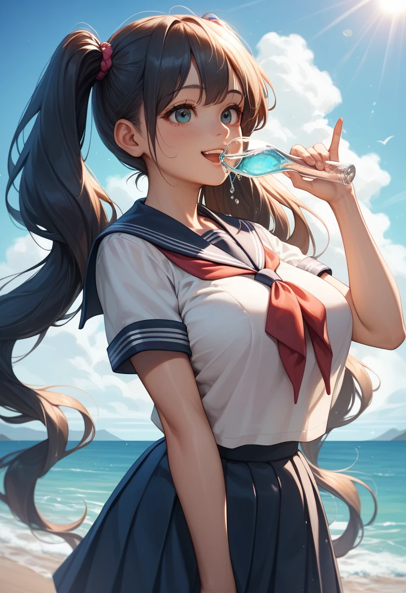 Highest quality,Highest Resolution,Sailor leotard2Beautiful girl with crying face,High leg,(((Tback))),Very beautiful eyes,Competition Pool,(((Drink a sports drink))),(((Open your mouth and drool))),sunny,blue sky,sweat profusely,Red tie,whole body,