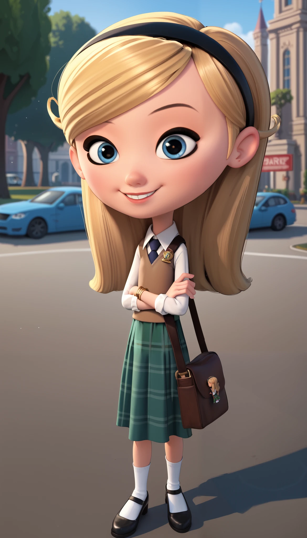 1girl, solo, full body, penny peterson, long hair, blue eyes, 3d, blonde hair, skirt, hairband, black hairband, white socks, dress, white shirt, brown vest, black footwear, green skirt, plaid skirt, spiked bracelet, shoulder bag, Cute Smile, Arms crossed, ((central Park)), Standing, 4K