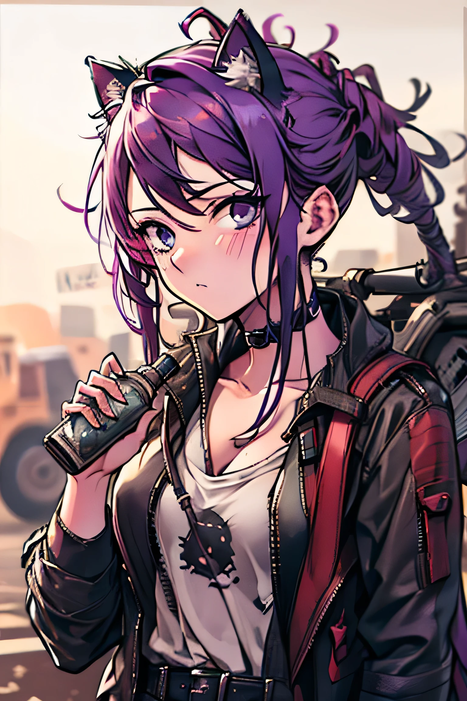 Purple haired extremely drunk girl with sharp eyes, cat ears, in a post apocalyptic setting, holding vodka in her hands