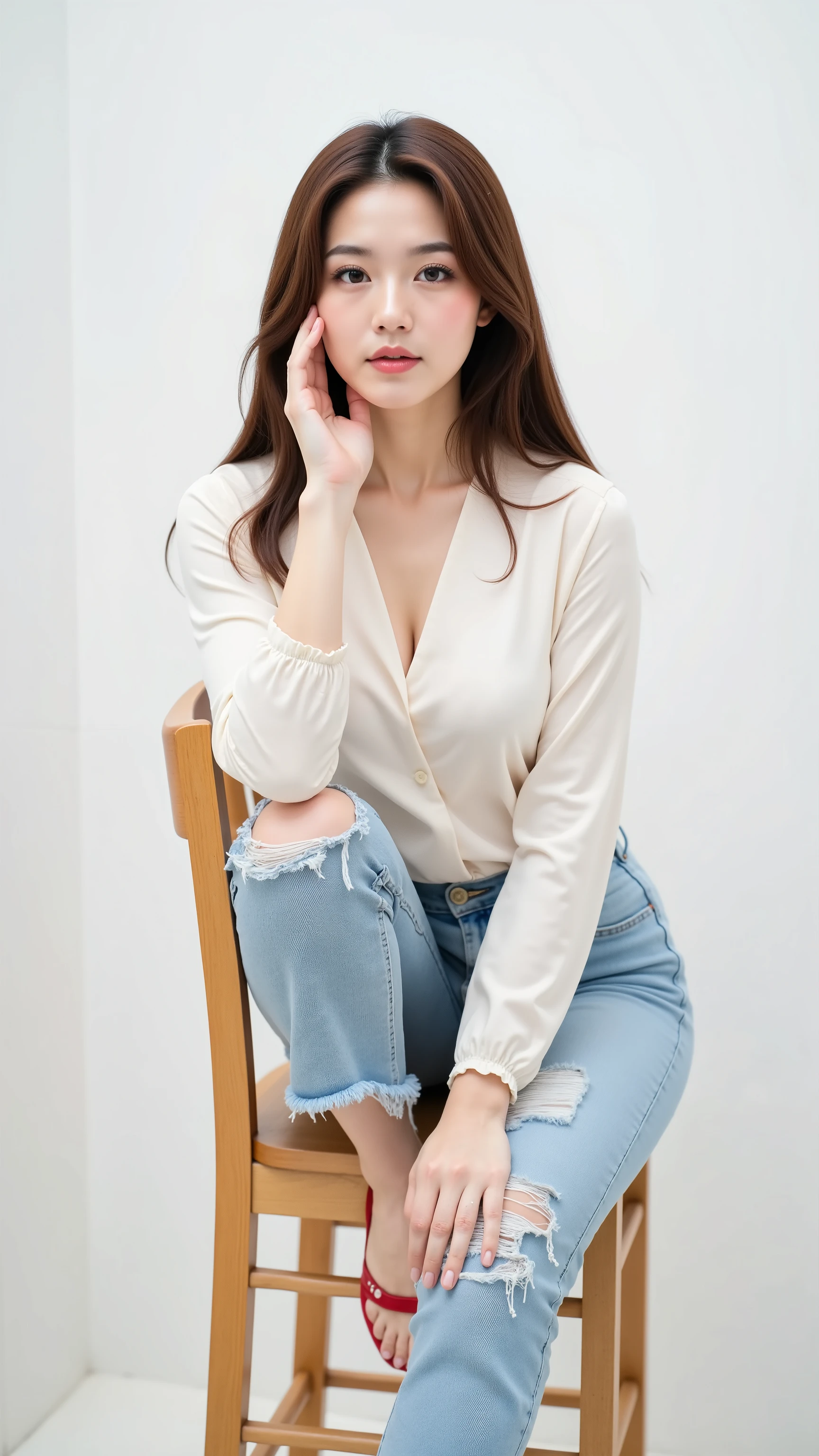 ((Best Quality, Realistic, 8K, Masterpiece: 1.3)), Focus: 1.5, Perfect Figure: 1.4, (Fluffy Short Ponytail Straight Hair, Vertical and Soft Flowing Hair, Detail: 1.3)), ((Wet Clothes: 1.1), Semi-Nude, Sheer Shirt, Smoked Grey, Transparent, Bare Breasts, 1.5, (Low-rise Crop Bottom Jeans, Mopping and Microflared, Holes: 0. 5, Advanced texture: 1.3, detailed grain and stripes: 1.3), (Delicate stiletto heels crystal band sandals, high quality: 1.2)), Highly detailed face and skin texture, fine eyes, double eyelids, skin whitening, goose egg face, swollen eyes, healing smile, (female focus, waist focus, close focus, HD shooting, petite, long legs, beautiful night view, luxury office, floor-to-ceiling windows, long desk, large sofa chair, hips: 0.6, sitting position (full body: 1.8))
