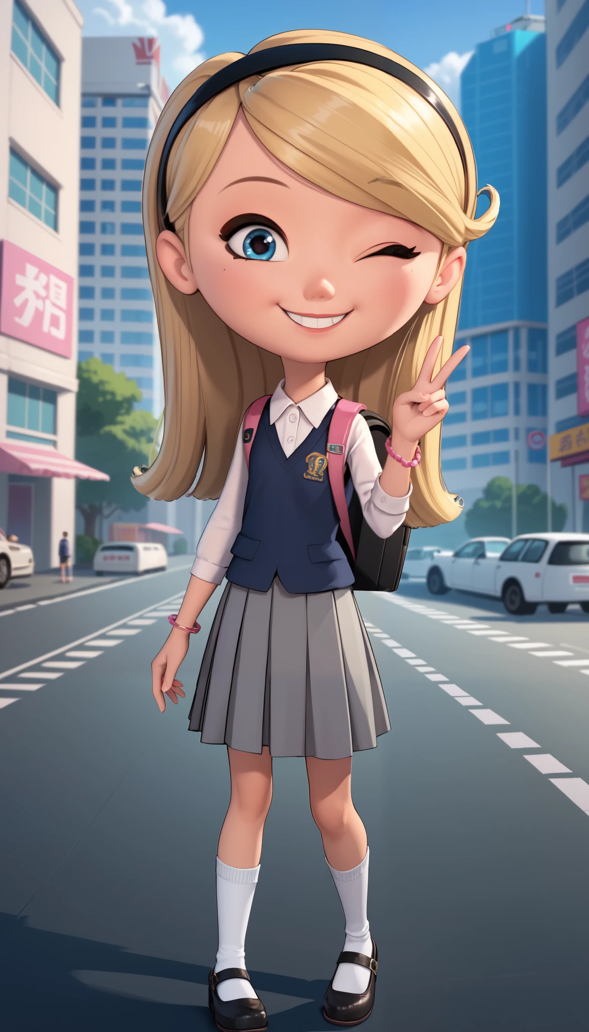 1girl, solo, full body, penny peterson, long hair, blue eyes, 3d, blonde hair, skirt, hairband, black hairband, white socks, dress, white shirt, black vest, pink mary janes, grey skirt, pleated skirt, pink bracelet, backpack, Cute Smile, Joyful expression, one eye closed, peace sign, ((Tokyo), Japan, tokyo city, 4k
