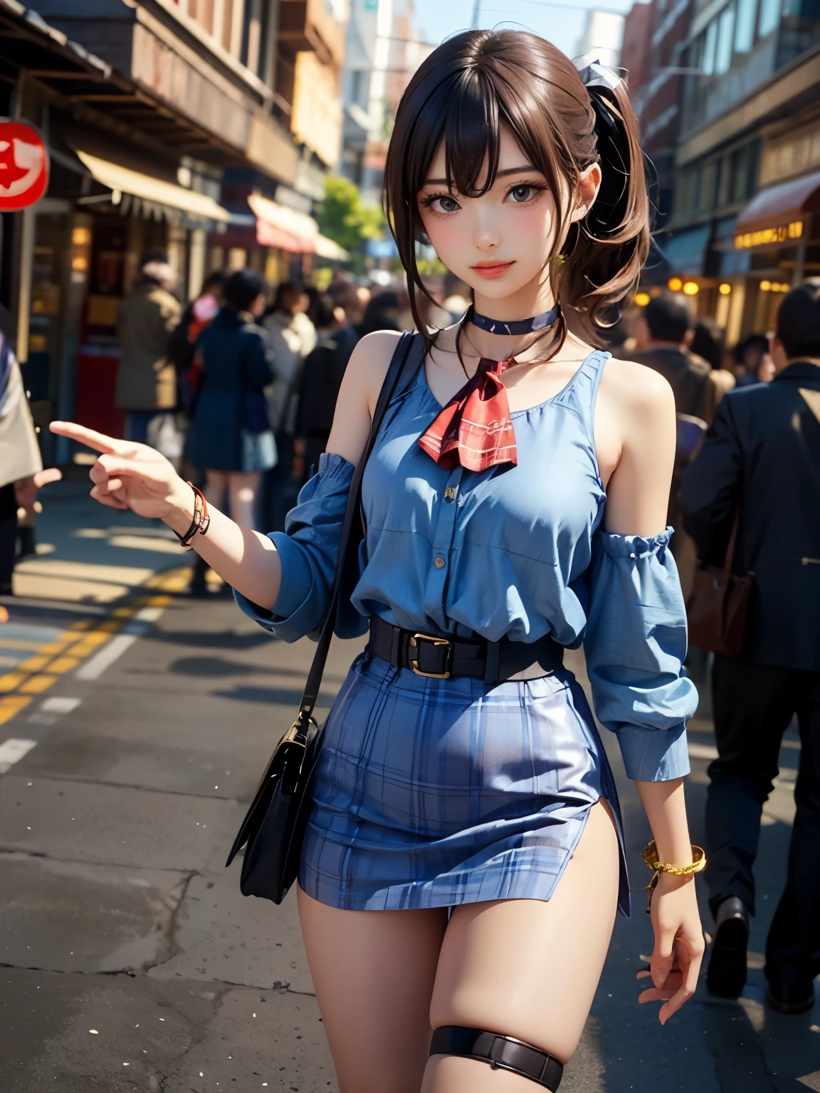 realistic, high resolution, 1 girl, , Korean, blue eyes, suspenders, vest, belly pocket, short skirt, shorts, stockings, fishnet socks, thick thighs, masterpiece: 1.2, best quality), realistic, (real pictures, rich detail details, depth of field), (1 girl, solo), makeup, high detail, perfect face shape, (: 1.4), (skin dents), thick thighs, wide hips, thin waist, high, coral, red lips, red eyes, shallow tulle, tulle transparent), sexy, blush, (shy expression), suspenders, tank top, short skirt, shorts, yoga pants, tight short skirt, tight shorts,