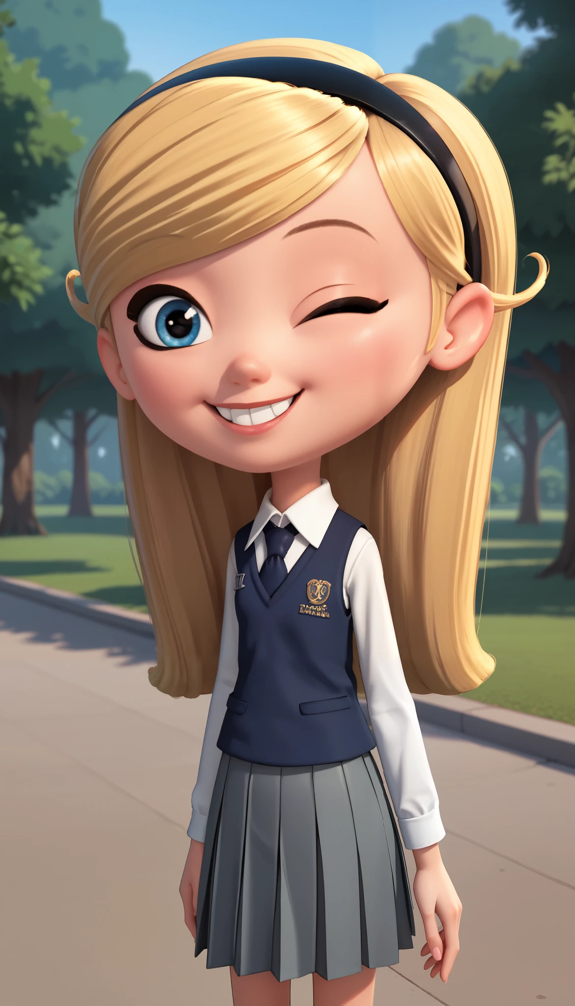 1girl, full body, solo, penny peterson, long hair, blue eyes, 3d, blonde hair, hairband, necktie, school uniform, shirt, white shirt, long sleeves, black vest, pleated skirt, grey skirt, black mary janes, cute smile, happy, giggling Expression, laughter, teeth, one eye closed, Sakura trees, joyful, ,excited expression ,brightly sunshine, beautiful art, looking at viewer