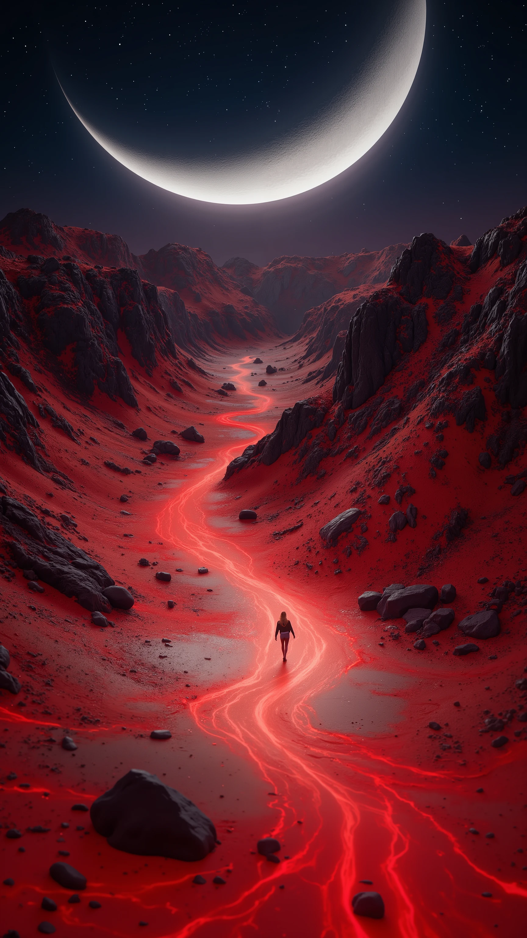 highdefinition images , Curve Light Ivory and Red Creative Spray Paint Sparkles, Dystopian Thriller , ((Masterpiece)) Dramatic Half Moon Night , Dramatic Valley Shadows Under the Mountain , On a Sandstorm Night