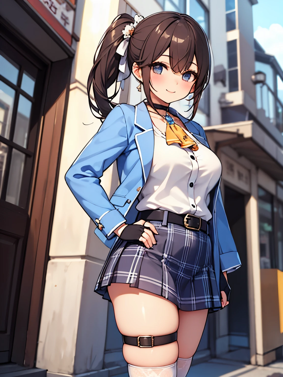 Masterpiece, realistic, best quality , high resolution, Sweet 1, 1 girl, Alone, side ponytail , Hoshimachi Suisei, Fingerless gloves, Thigh Highs, jewelry, Single socks, thigh strap, bracelet, Blue socks, button, Single knee-high, Checked dress, blue choker , blue。belt, plaid skirt, mini crowns, gray skirt, blue ascot, long sleeve , check jacket, cowboy shooting, street background, full body, cosplayer、smile、 Smile 、Warrior、 low angle shot、 plump body