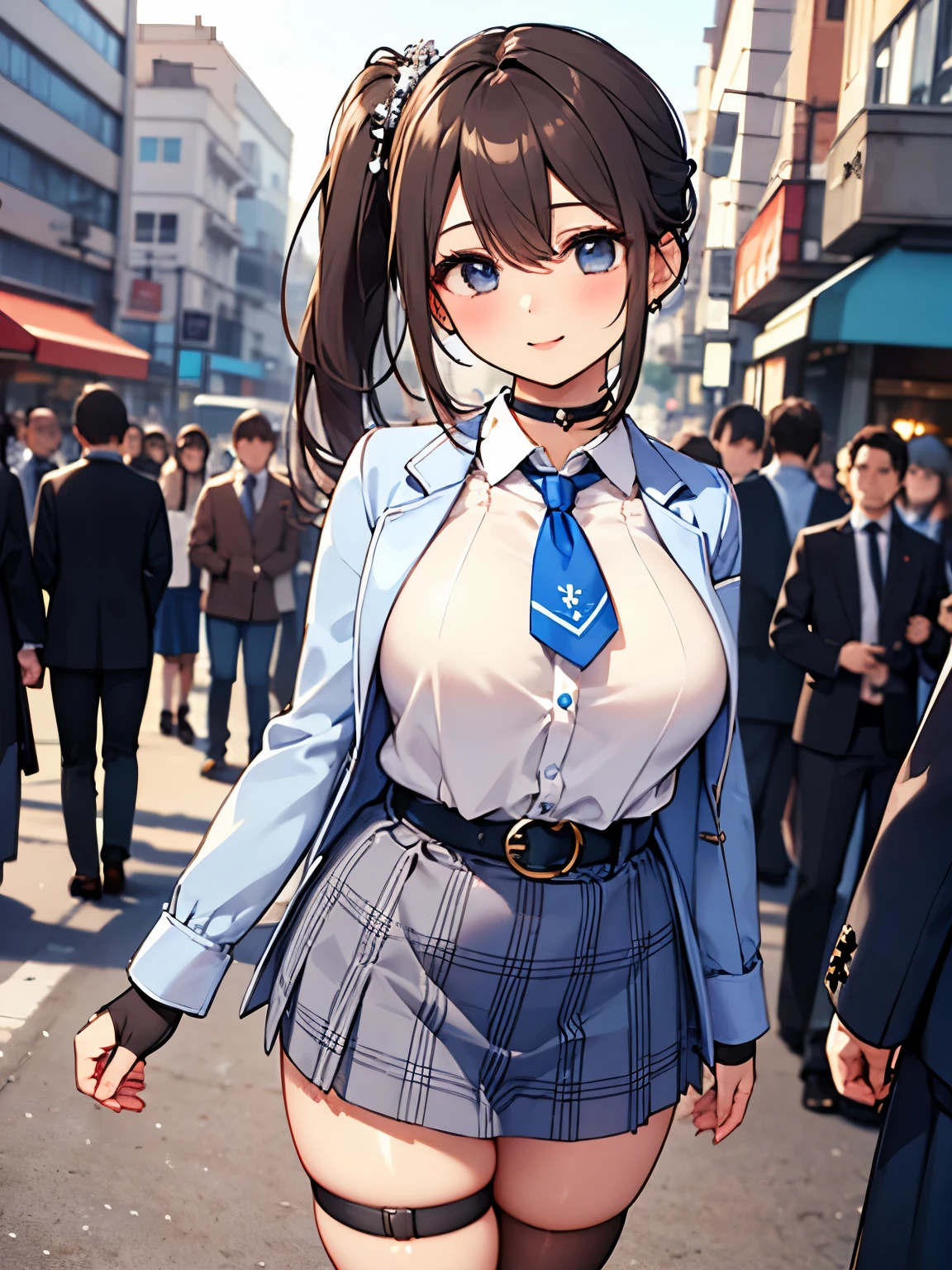 Masterpiece, realistic, best quality , high resolution, Sweet 1, 1 girl, Alone, side ponytail , Hoshimachi Suisei, Fingerless gloves, Thigh Highs, jewelry, Single socks, thigh strap, bracelet, Blue socks, button, Single knee-high, Checked dress, blue choker , blue。belt, plaid skirt, mini crowns, gray skirt, blue ascot, long sleeve , check jacket, cowboy shooting, street background, full body, cosplayer、smile、 Smile 、Warrior、 low angle shot、 plump body