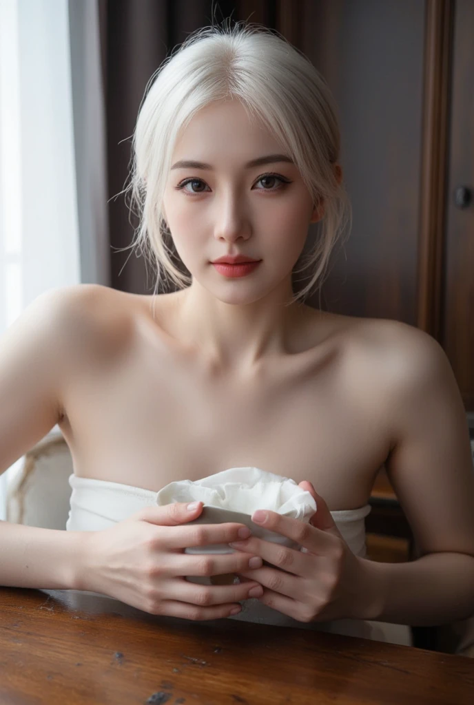 masterpiece、Highest quality、8k、Absurd、 (Upper Body:0.8)、Nude white long coat、(milk:1.2) White-haired beautiful girl、choker、Earrings、Bangles、Cute face、Viewer's Eyes、smile、Ultra-realistic、High resolution、photograph、Film Grain、chromatic aberration、Sharp Focus、HDR、Face Light、Dynamic Lighting、Cinematic Lighting、Professional Shadows、Simple Background、(Dull background:1.4)、Most detailed、Very detailed、Ultra-detailed、Detailed explanation、Real Skin、Delicate facial features、Detailed face and eyes、Sharp pupils、Realistic pupils