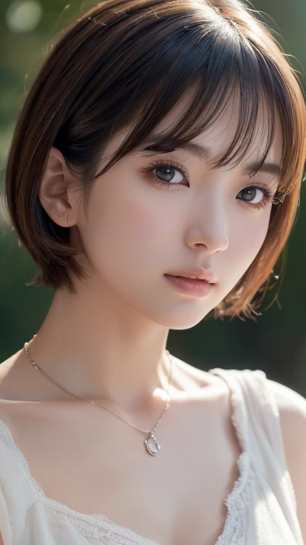 (uhd, retina, masterpiece, accurate, anatomically correct, textured skin, super detail, high detail, high quality, best quality, high resolution, 1080P, HD, 4K, 8k, 16,000), (beautiful and delicate eyes, beautiful and delicate lips, Highly detailed eyes and face), studio lighting, Physically Based Rendering, bright colors, (big bust, Attractive figure, big nipples), (backless see-through dress), (portrait, bob cut, shiny hair, glowing skin, blush), (bokeh), eye reflection,