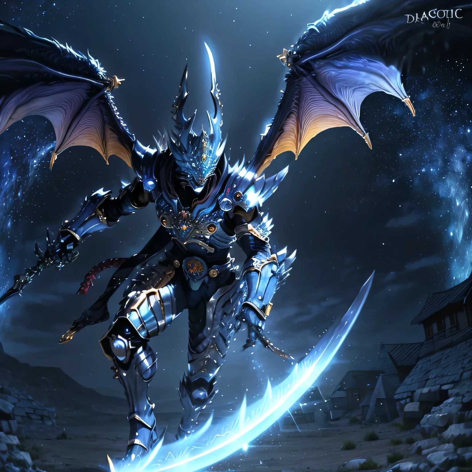 A power up form for the Makai Knight Yusei who second is model afeter the Majestic Star Dragon.Armor Design: The armor resembles the fluid scales of a dragon, shifting from dark blue at its base to radiant silver and crystalline colors that simulate the twinkling of stars. Each plate of armor is adorned with intricate patterns that mimic celestial constellations, pulsating gently with light. The gleaming segments are layered, providing both flexibility and formidable protection.
Helmet: The helmet is majestic and dragon-themed, with a smooth, elongated design resembling a dragon’s head. Its crest features two sweeping horns that curve elegantly upward, resembling the wings of a dragon in flight. The visor, shaped like a dragon’s maw, glows with a soft celestial light, allowing Yusei to see beyond the visible spectrum, detecting energies and threats that would otherwise remain hidden.
Cape: Flowing from his shoulders is a magnificent cape made of a shimmering, ethereal material. The fabric appears almost liquid, shifting colors between deep cosmic purples and bright starry whites as it catches the light. The edges of the cape seem to dissolve into a mist of stars, trailing behind him like a true creature of the cosmos.
Gauntlets and Greaves: The gauntlets are intricately designed with claw-like structures that provide a dragon-like appearance. Runic engravings along their surface pulse with energy, enhancing Yusei's grip and strength. The greaves extend to mid-thigh, showcasing flamboyant designs that echo the patterns on the rest of the armor, giving off an illusion of flowing energy. The feet are protected by boots that resemble dragon feet, with claw-like appearances, lending him agility and power.
Weapon: Yusei wields the Celestial Blade, an elongated sword that embodies the essence of the Majestic Star Dragon. The blade itself is an ethereal blue, tapering to a sharp point, and glowing with a swirling mix of cosmic lights. It features designs along its lengt