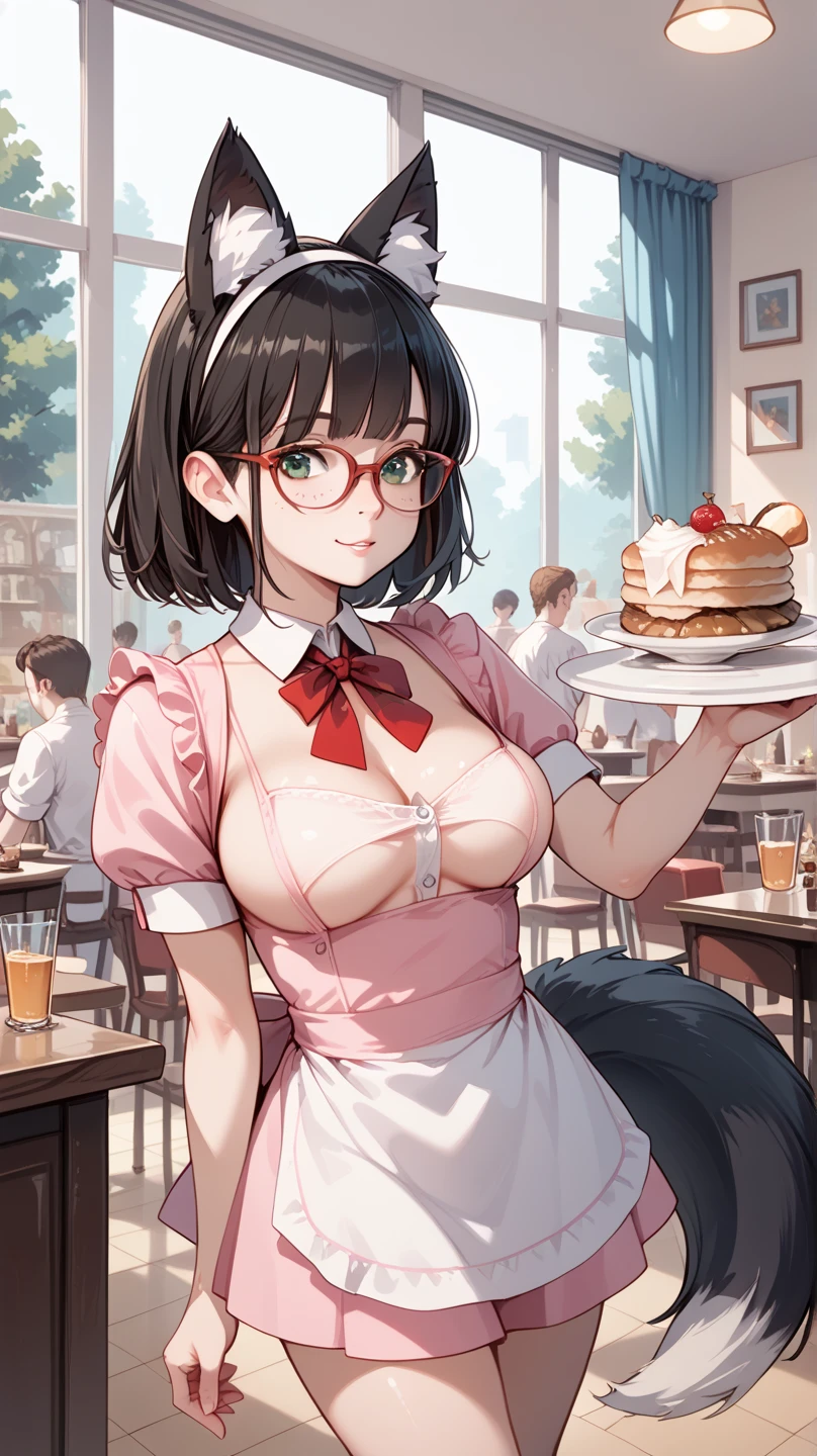 score_9, score_8_up, score_7_up, score_6_up, 1girl, waittess, busty, small waist, wide hips, waitress outfit, stockings, from front, pov, point of view, leaning forward, elbows on table, diner, glasses, strict hair, cleavage, shelf, burger