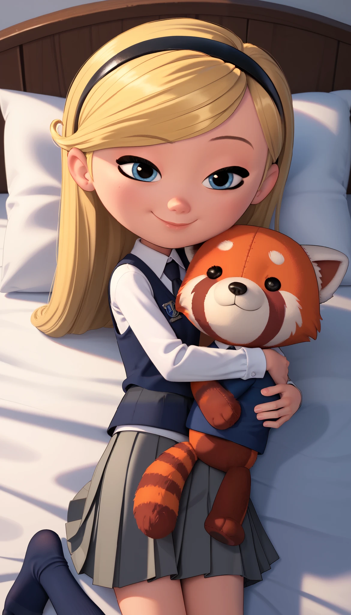 1girl, solo, penny peterson, long hair, blue eyes, 3d, blonde hair, hairband, necktie, school uniform, shirt, white shirt, long sleeves, black vest, pleated skirt, grey skirt, no shoes, exposing her white panties, ((bedroom)), sleeping in bed, sleepy, leaning, eyes closed, closed mouth, cute girl, cute smile, hugging, a plush toy, red panda plush, hugging, snuggled up, snuggling, soft lighting, ((Midnight))