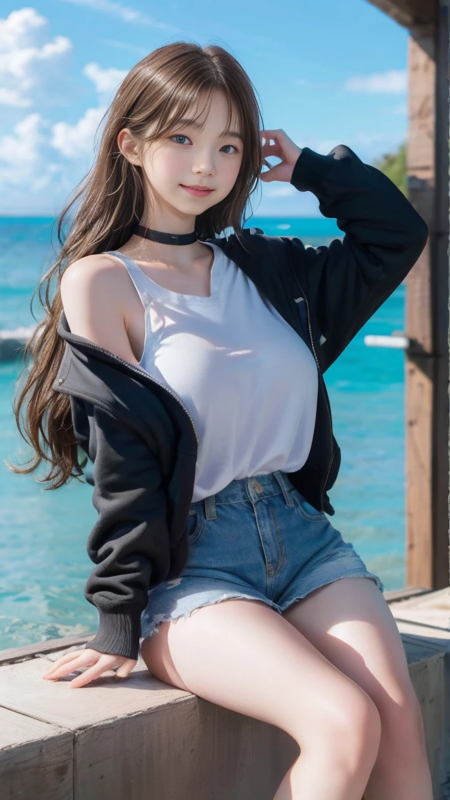 (masterpiece:1.2, Top quality), (Practical, photoPractical:1.4), Nice illustration, (Natural side light, light),
Looking at the audience, 1 girl, Perfect face, Perfect body, White shirt,Grey jacket,Denim shorts,Sexy body,Show your thighs,Wearing hair,Black hair,Big breasts,Background on the seaside in summer
