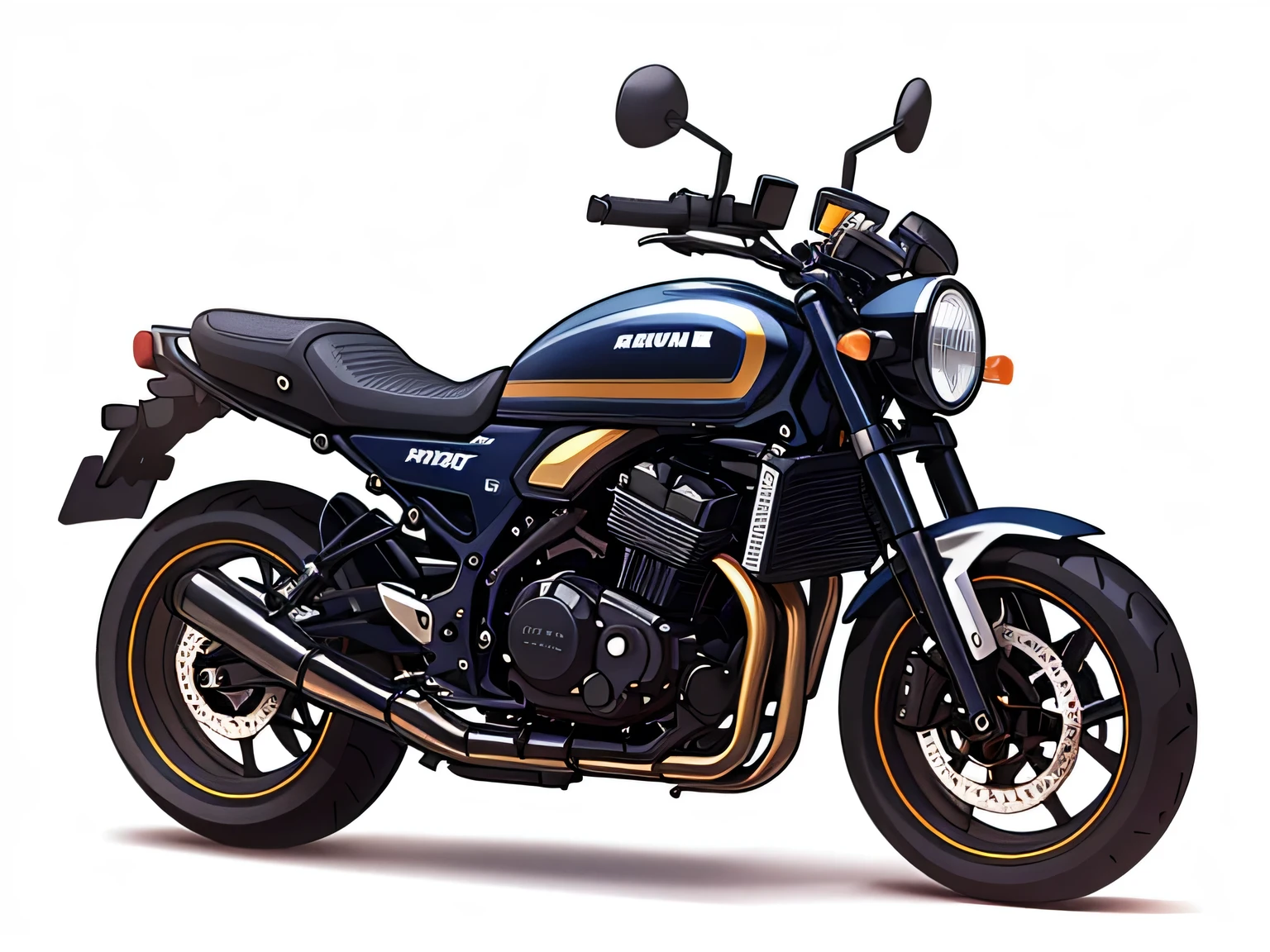 navy blue tank、 has a yellow horizontal line on the tank、The engine is black 、The pipe is silver、motorcycle、anime、
