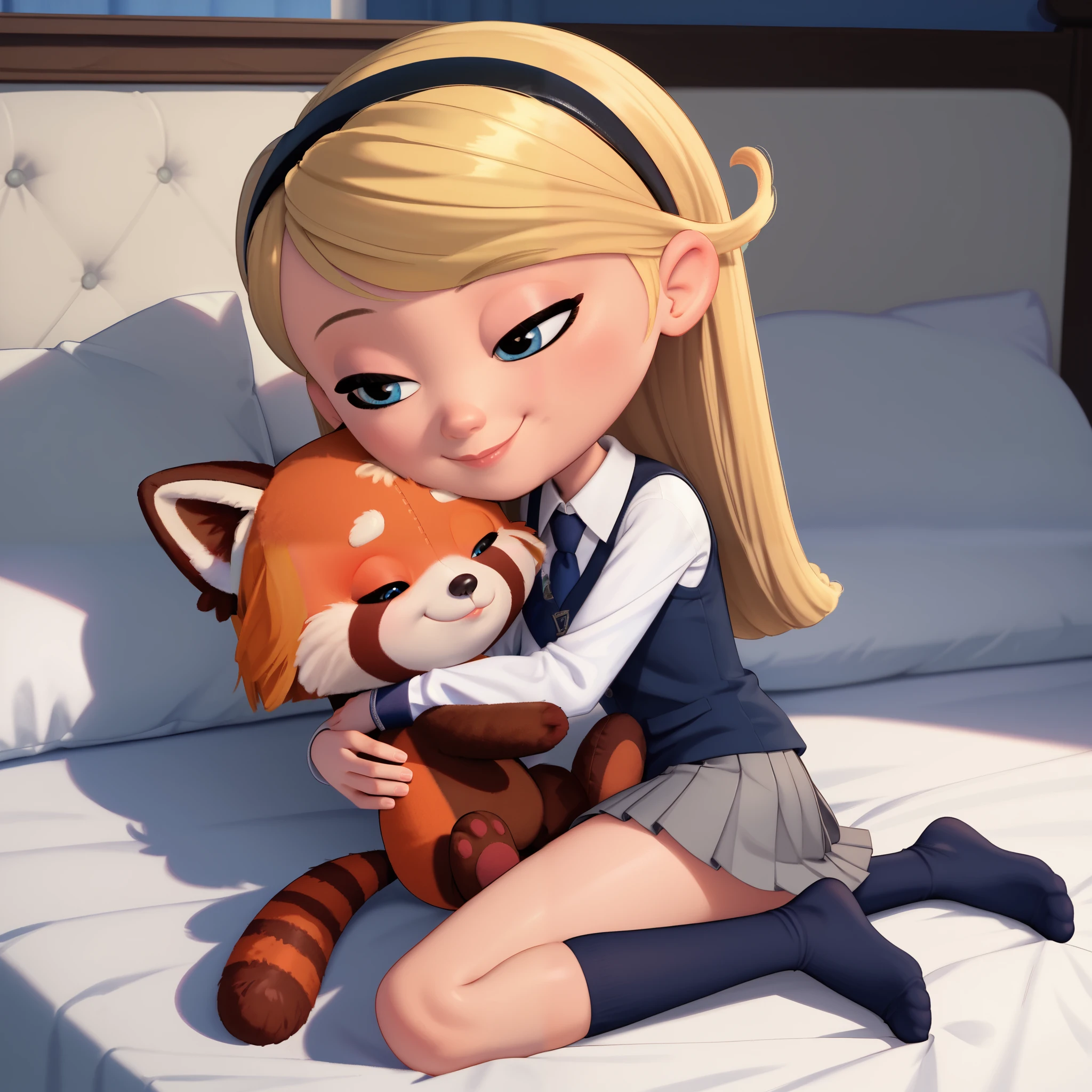 1girl, solo, penny peterson, long hair, blue eyes, 3d, blonde hair, hairband, necktie, school uniform, shirt, white shirt, long sleeves, black vest, pleated skirt, grey skirt, no shoes, exposing her white panties, ((bedroom)), sleeping in bed, sleepy, leaning, eyes closed, closed mouth, cute girl, cute smile, hugging, a plush toy, red panda plush, hugging, snuggled up, snuggling, soft lighting, ((Midnight))