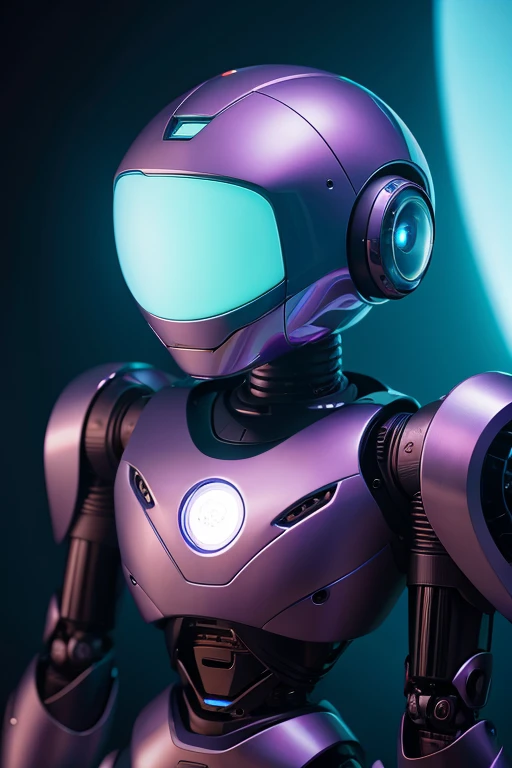 A tender and affectionate Bimo-style robot, featuring a soft purple exterior and a shiny golden metallic finish. The robot's design is intricate, with delicate lines and curves that give it a gentle, friendly appearance. Its eyes are large and expressive, reflecting a warm and caring demeanor. The robot stands against a backdrop of a serene, pastel-toned sky, emanating a sense of comfort and love.