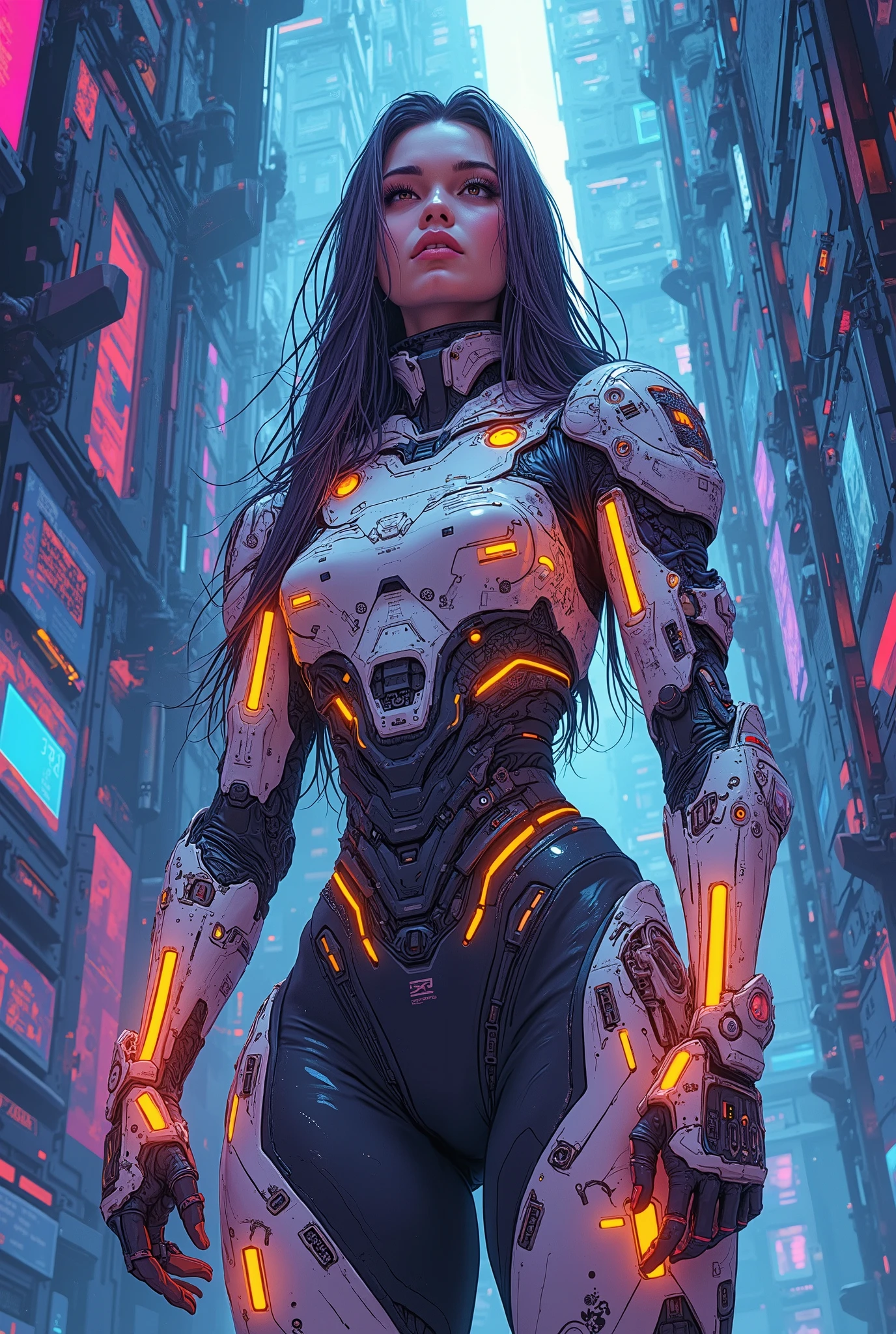 a woman in a futuristic suit with a glowing head and chest, cyberpunk art inspired by Marek Okon, cgsociety contest winner, digital art, gynoid cyborg body, girl in mecha cyber armor, cyber suit, cybersuit, in white futuristic armor, cybersuits, diverse cybersuits, gynoid body, echo from overwatch, perfect anime cyborg woman